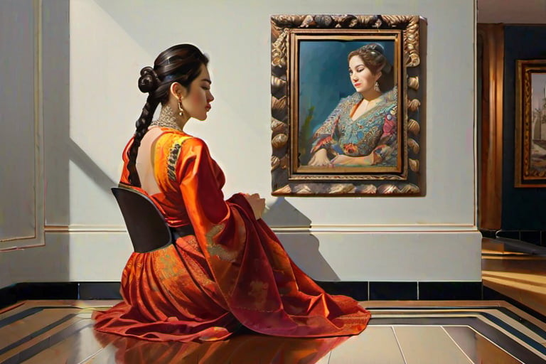 The painting is set within a sturdy wooden frame, which complements the artwork's overall aesthetic. Its borders are embellished with intricate carvings, adding a touch of elegance and sophistication to the masterpiece.

Moving on to the main subject of the painting, a central figure grabs the viewer's attention. The character appears to be a woman, positioned prominently in the foreground. She is depicted in a naturalistic manner, capturing her vitality and conveying a sense of presence. Her vibrant and lifelike features are accentuated by the artist's skillful use of color, light, and shadow.

The painting style employed is reminiscent of realism, where meticulous attention has been given to detail. Every aspect, from the subject's facial expressions to the intricacies of her clothing, is rendered with precision and accuracy. The artist's mastery is evident in the nuanced brushwork and the ability to capture the essence of the human form.

As for the painting materials used, the artist opted for oil paints. This choice allows for greater flexibility, offering a wide range of colors, depth, and texture. The use of oil also gives the painting a lustrous quality, enhancing the overall visual experience for the viewer.

In conclusion, this artwork is a magnificent portrayal of a woman, executed in a realistic style using oil paints. The carefully crafted frame provides an elegant border, emphasizing the importance of the artwork within. The attention to detail and skillful brushwork showcase the artist's talent and create a captivating visual experience.