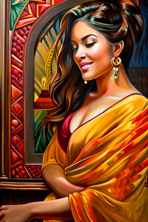 The painting is set within a sturdy wooden frame, which complements the artwork's overall aesthetic. Its borders are embellished with intricate carvings, adding a touch of elegance and sophistication to the masterpiece.
Moving on to the main subject of the painting, a central figure grabs the viewer's attention. The character appears to be a woman, positioned prominently in the foreground. She is depicted in a naturalistic manner, capturing her vitality and conveying a sense of presence. Her vibrant and lifelike features are accentuated by the artist's skillful use of color, light, and shadow.

The painting style employed is reminiscent of realism, where meticulous attention has been given to detail. Every aspect, from the subject's facial expressions to the intricacies of her clothing, is rendered with precision and accuracy. The artist's mastery is evident in the nuanced brushwork and the ability to capture the essence of the human form.
As for the painting materials used, the artist opted for oil paints. This choice allows for greater flexibility, offering a wide range of colors, depth, and texture. The use of oil also gives the painting a lustrous quality, enhancing the overall visual experience for the viewer.
In conclusion, this artwork is a magnificent portrayal of a woman, executed in a realistic style using oil paints. The carefully crafted frame provides an elegant border, emphasizing the importance of the artwork within. The attention to detail and skillful brushwork showcase the artist's talent and create a captivating visual experience.