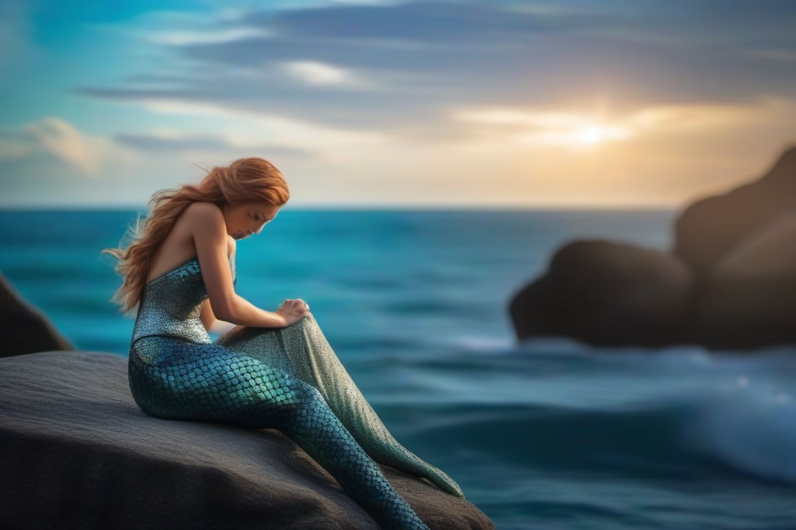 photo-realistic portrait of a mermaid sitting on a rock by the ocean. Use the Canon EOS R5 camera with a 100mm lens at F 1.2 aperture setting to blur the background and isolate the subject. The lighting should be soft and dreamlike with the sun shining on the mermaid’s face and tail. Image inspiration like www.tipseason.com. Use the Midjourney v5 with photorealism mode turned on to create an ultra-realistic image that captures the beauty and mystery of the mermaid. Ideal female body proportions