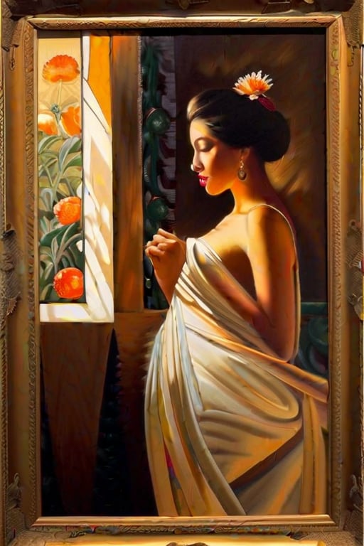 The painting is set within a sturdy wooden frame, which complements the artwork's overall aesthetic. Its borders are embellished with intricate carvings, adding a touch of elegance and sophistication to the masterpiece.
Moving on to the main subject of the painting, a central figure grabs the viewer's attention. The character appears to be a woman, positioned prominently in the foreground. She is depicted in a naturalistic manner, capturing her vitality and conveying a sense of presence. Her vibrant and lifelike features are accentuated by the artist's skillful use of color, light, and shadow.

The painting style employed is reminiscent of realism, where meticulous attention has been given to detail. Every aspect, from the subject's facial expressions to the intricacies of her clothing, is rendered with precision and accuracy. The artist's mastery is evident in the nuanced brushwork and the ability to capture the essence of the human form.
As for the painting materials used, the artist opted for oil paints. This choice allows for greater flexibility, offering a wide range of colors, depth, and texture. The use of oil also gives the painting a lustrous quality, enhancing the overall visual experience for the viewer.
In conclusion, this artwork is a magnificent portrayal of a woman, executed in a realistic style using oil paints. The carefully crafted frame provides an elegant border, emphasizing the importance of the artwork within. The attention to detail and skillful brushwork showcase the artist's talent and create a captivating visual experience.