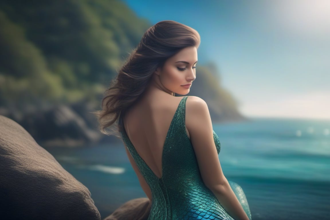 photo-realistic portrait of a mermaid sitting on a rock by the ocean. Use the Canon EOS R5 camera with a 100mm lens at F 1.2 aperture setting to blur the background and isolate the subject. The lighting should be soft and dreamlike with the sun shining on the mermaid’s face and tail. Image inspiration like www.tipseason.com. Use the Midjourney v5 with photorealism mode turned on to create an ultra-realistic image that captures the beauty and mystery of the mermaid. Ideal female body proportions, big bust