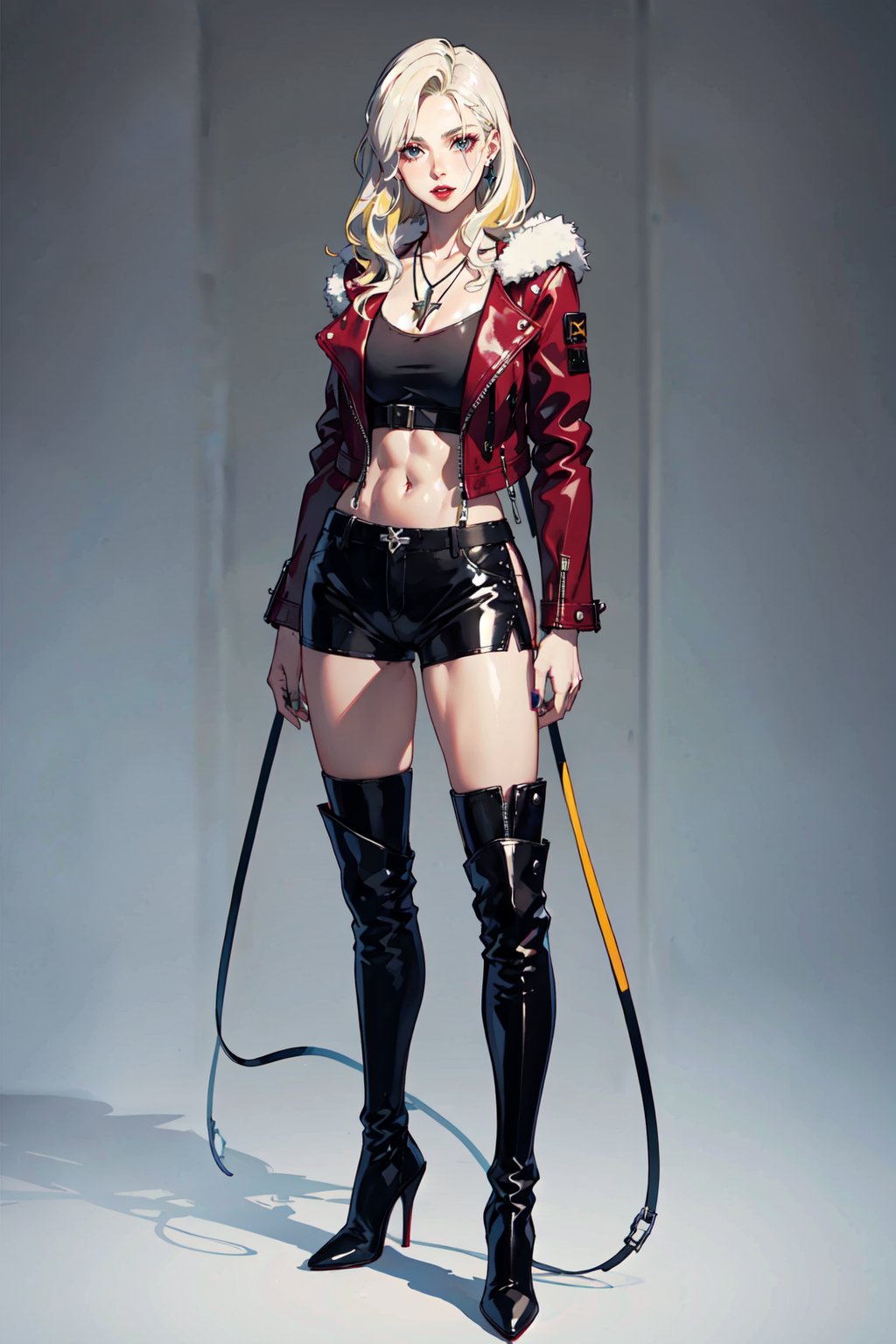 (Taylor momsen:0.8), 1lady, long blonde hair, maroon lipstick, leather jacket, leather pants, medium breasts, silver cross necklace, (bodybuilder:0.9), full body, stiletto boots, knee high boots, standing, 
