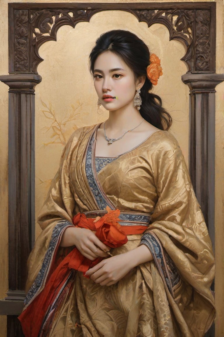 The painting is set within a sturdy wooden frame, which complements the artwork's overall aesthetic. Its borders are embellished with intricate carvings, adding a touch of elegance and sophistication to the masterpiece.

Moving on to the main subject of the painting, a central figure grabs the viewer's attention. The character appears to be a woman, positioned prominently in the foreground. She is depicted in a naturalistic manner, capturing her vitality and conveying a sense of presence. Her vibrant and lifelike features are accentuated by the artist's skillful use of color, light, and shadow.

The painting style employed is reminiscent of realism, where meticulous attention has been given to detail. Every aspect, from the subject's facial expressions to the intricacies of her clothing, is rendered with precision and accuracy. The artist's mastery is evident in the nuanced brushwork and the ability to capture the essence of the human form.

As for the painting materials used, the artist opted for oil paints. This choice allows for greater flexibility, offering a wide range of colors, depth, and texture. The use of oil also gives the painting a lustrous quality, enhancing the overall visual experience for the viewer.

In conclusion, this artwork is a magnificent portrayal of a woman, executed in a realistic style using oil paints. The carefully crafted frame provides an elegant border, emphasizing the importance of the artwork within. The attention to detail and skillful brushwork showcase the artist's talent and create a captivating visual experience.