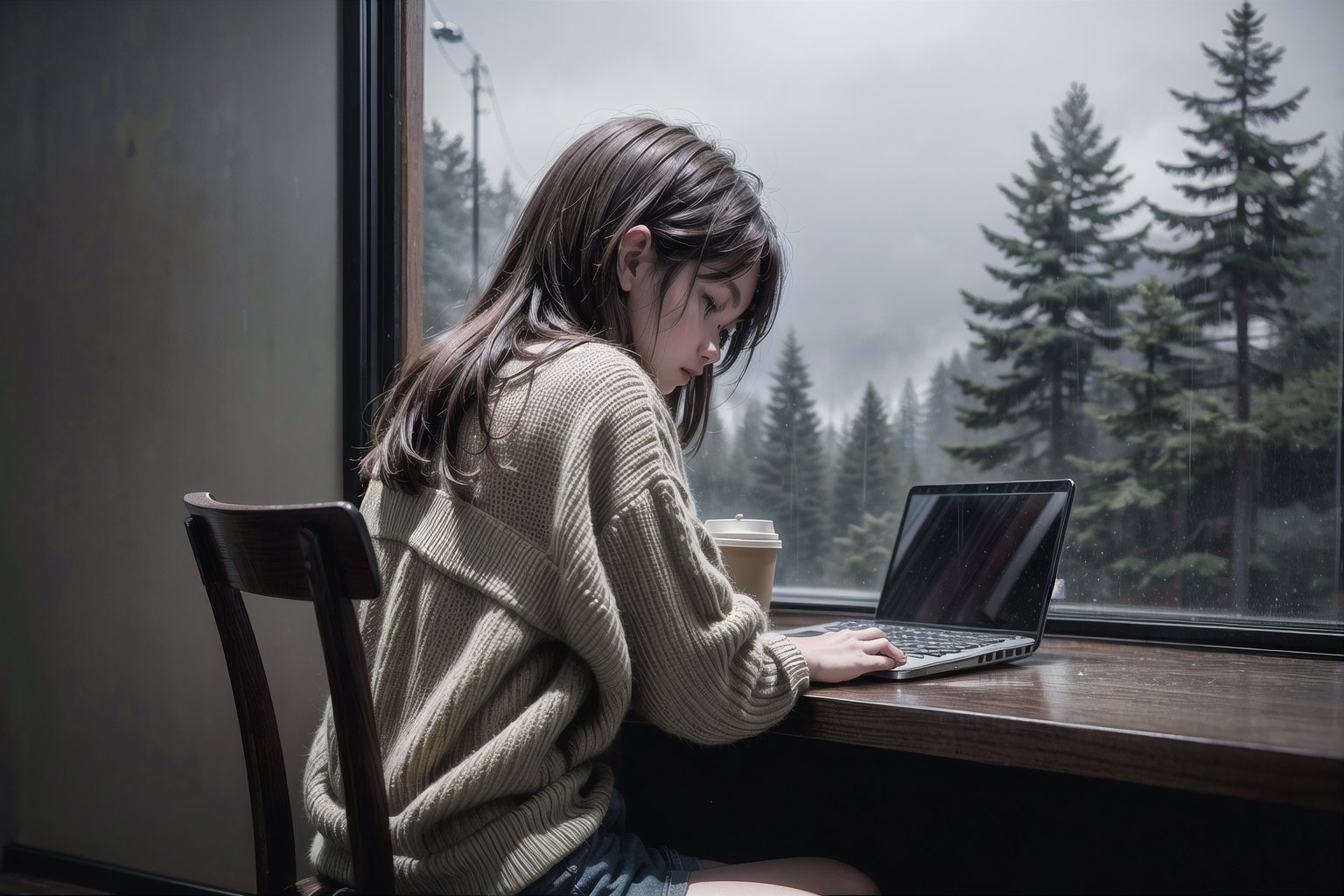 a girl sitting at chair looking at window, table, coffee, sad girl, forest, fog, rainy, flower, working laptop, cat, sweater, short pants, upper body, back view, from below, ultra high quality, ultra high resolution, detailed background, low key, dark tone, 8k