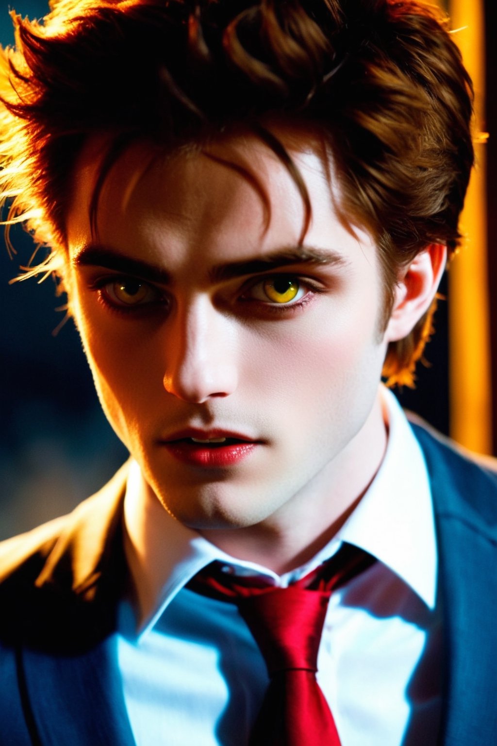 Masterpiece, high quality, ultra high res, detailed face, detailed eyes, Edward Cullen, a Vampire male, 24 year old, (upper body:1.2), face focus, (gold yellow eyes:1.3), (very pale skin), handsome, comma hair, stylish guy, very handsome, vampire costume, (small cute fangs), (open mouth want to bite), looking at viewer, standing at dark castle indoor, focus on viewer, front view, from below