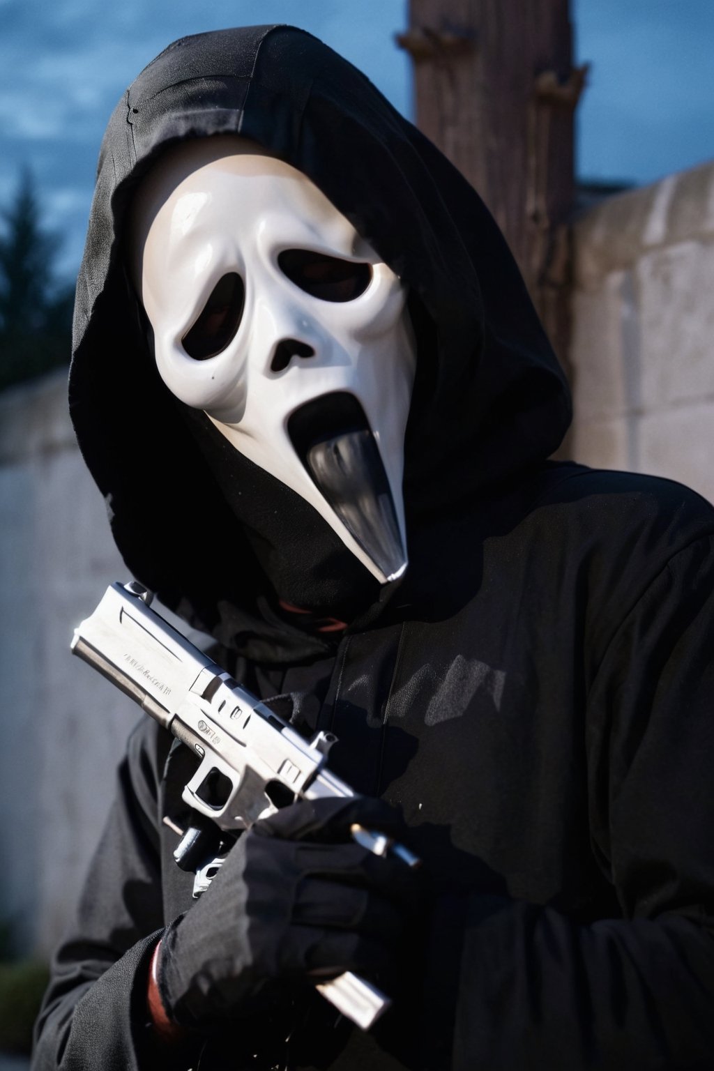 a guy standing at white wall, dark night, ghost face mask, ghost face costume, (upper body:1.2), big body, head tilted, holding an pistol with action want to kill viewer, focus on viewer, side view, dramatic photoshoot, DSLR, masterpiece, ultra high quality, ultra high resolution, detailed background, dramatic lighting, low key, dark tone,cinematic  moviemaker style,ghostface mask
