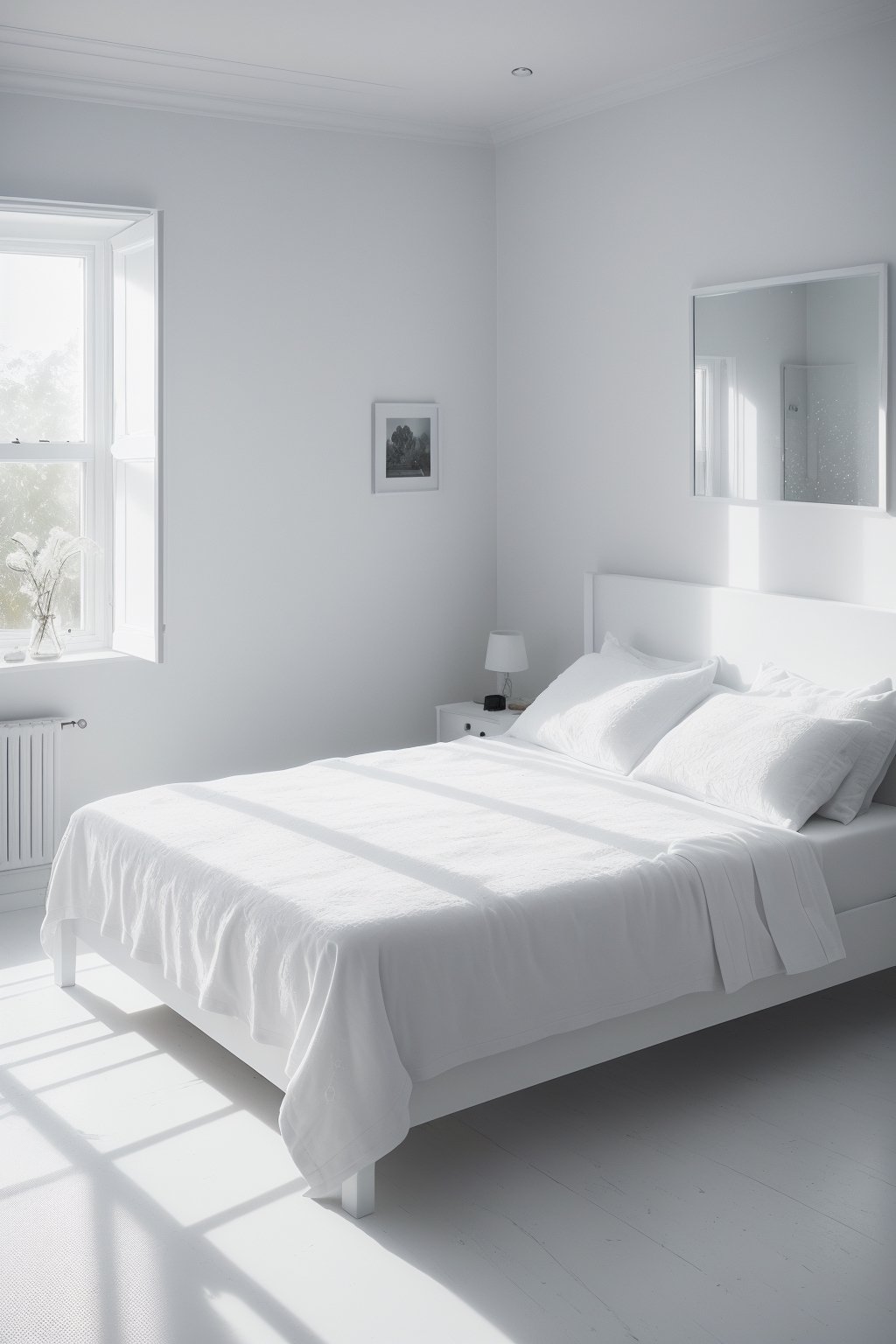 (masterpiece, best quality, very aesthetic, ultra detailed), intricate details, (a white bedroom. ((Full white)). (White bed. White wall. White floor). (All white), (indoor. Gloomy. Ambient. Horror. Creepy. White Sunrays cooming through window), (ultra realistic). (Ultra realistic reflection), 8k, aesthetic,perfect light