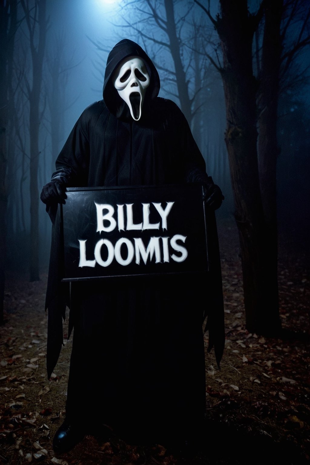 a guy standing at dark bedroom room, (((holding a big black sign with ((("BILLY))) (((LOOMIS"))) small text, text logo, red, black, glowing, glow:1.3) with her hands))), (Christmas hat), dark night, ghost face mask, ghost face costume, (full body:1.1), big body, head tilted, focus on viewer, side view, dramatic photoshoot, DSLR, masterpiece, ultra high quality, ultra high resolution, detailed background, dramatic lighting, low key, dark tone,ghostface mask,text logo,