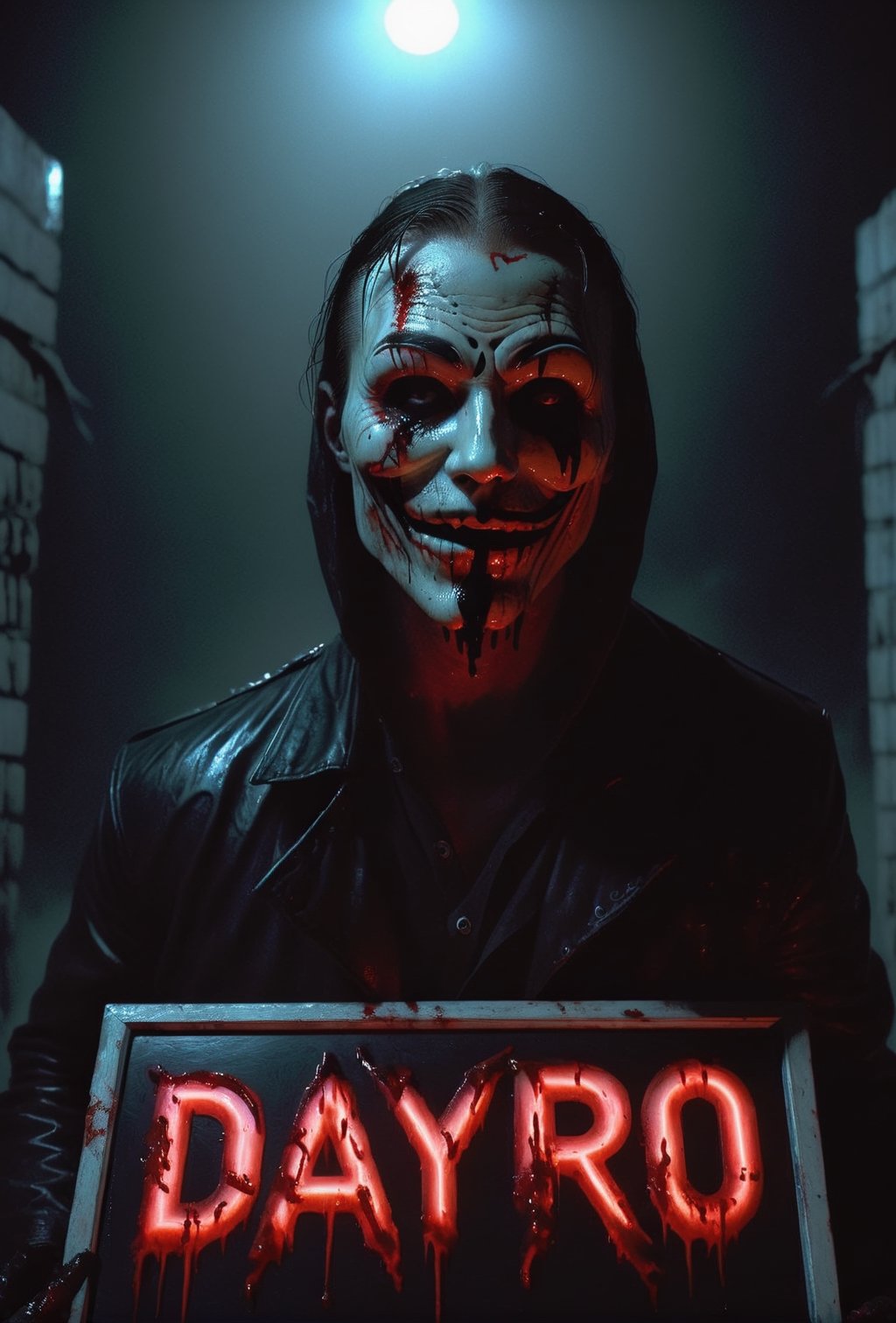 a guy standing at dark street, holding a black sign with ("DAYPro" text logo, red, black, neon, glow:1.5) with her hands, creepy guy, white skin, black coat, black pants, guy Fawkes mask, Giant muscular body, bloodied mask, murder, upper body, brutal gore, bloodied guy, bloodied body, bloodied clothes, gore stills, rain, dark night, bloods at sign, lots of bloods, (extremely gore), (bloods:1.5), focus on viewer, psychopath, MilkGore, blood reflection, realistic blood, front view, photo real, ultra detailed, masterpiece, ultra realistic bloods, ultra high quality, ultra high resolution, ultra realistic, ultra reflection, ultra lighting, detailed background, dramatic lighting, low key, dark tone, 8k, HellAi,text logo