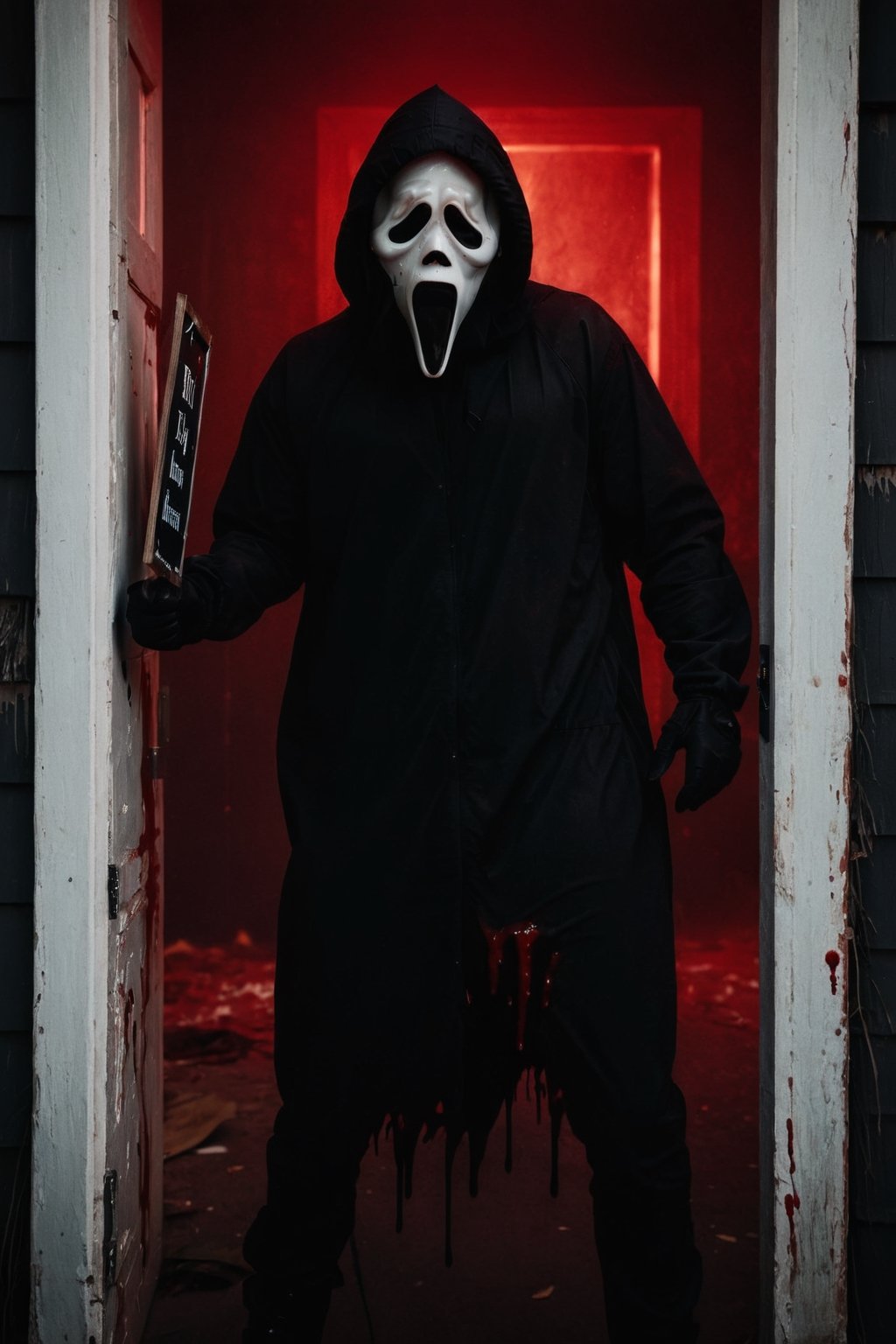 a guy standing at white wall room, (((holding an black sign with (("Billy Loomis")) text logo, red, black, blood) on her hands))), dark night, ghost face mask, ghost face costume, (full body:1.2), big body, head tilted, focus on viewer, side view, dramatic photoshoot, DSLR, masterpiece, ultra high quality, ultra high resolution, detailed background, dramatic lighting, low key, dark tone,ghostface mask,text logo,