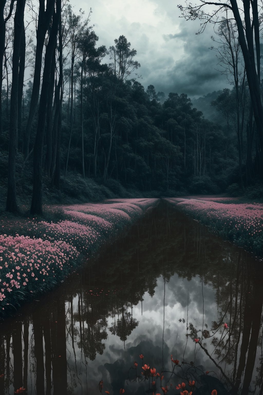 (masterpiece, best quality, very aesthetic, ultra detailed), intricate details, (no human. flower field. Forest background), (rainy day. Cloudy. Wet ground. Water reflection. Gloomy. Ambient. Horror. Creepy), aesthetic