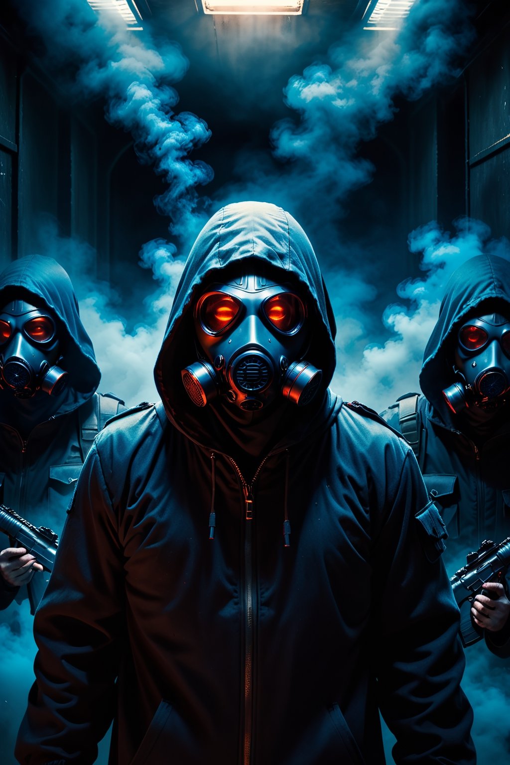 Masterpiece, ultra high res, ultra high quality, a group of robbery standing at dark bank, dark background, cloak, hooded, hoodie, gas mask, red glowing eyes, blue smoke, upper body, (holding an assaults rifles with two hands), focus on viewer, front view, from below, low key, dark tone, ultra detailed, ultra realistic, ultra reflection, 8k,M16 Rifle series,HellAI,more detail XL