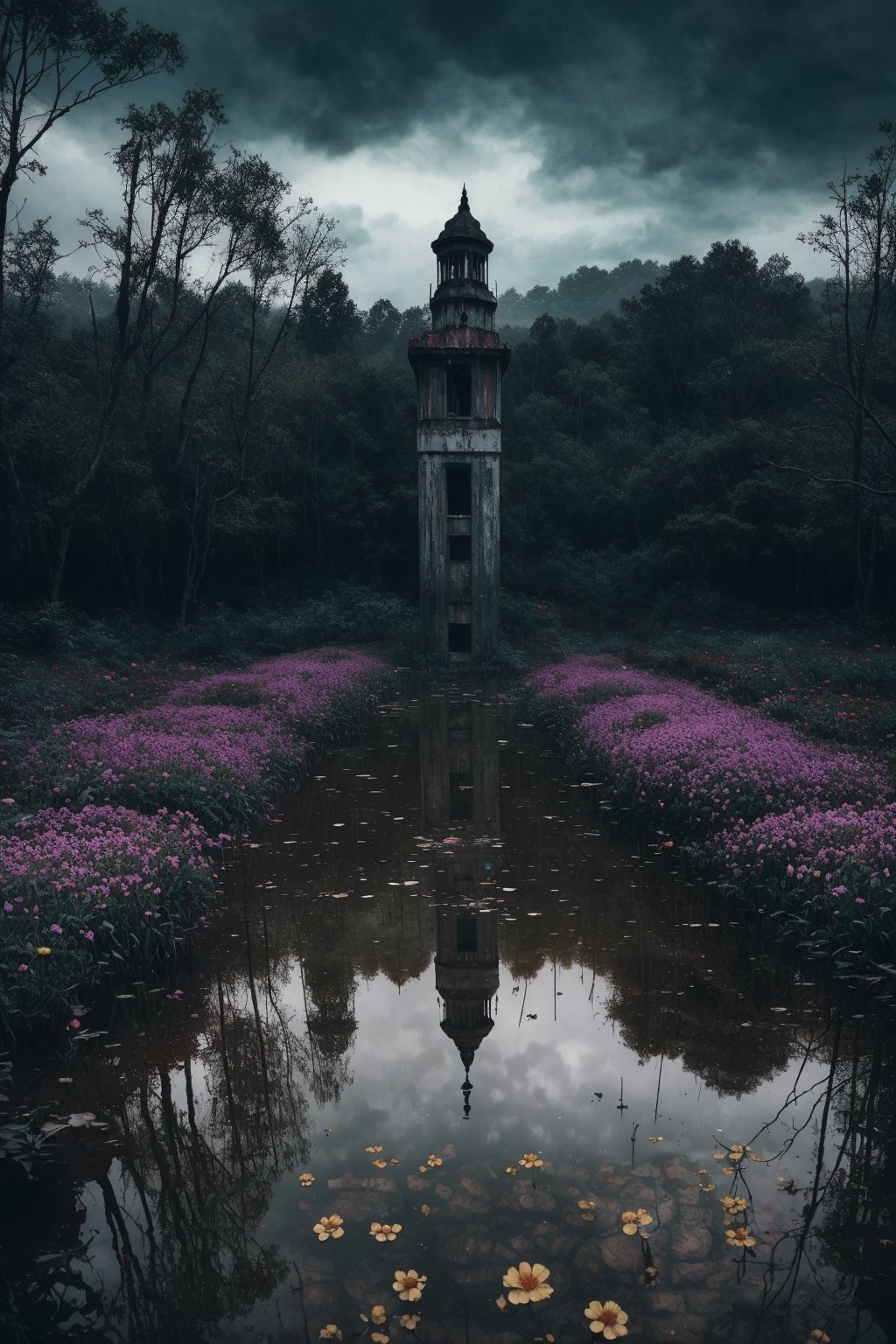 (masterpiece, best quality, very aesthetic, ultra detailed), intricate details, (no human. flower at Forest. Abandoned place), (rainy day. Cloudy. Wet ground. Water reflection. Gloomy. Ambient. Horror. Creepy. Dark), aesthetic