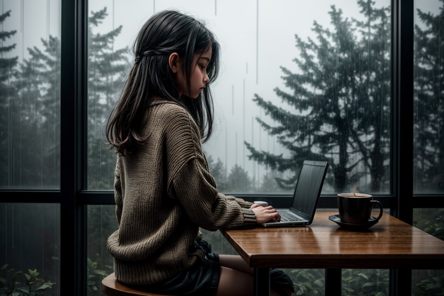 a girl sitting at chair looking at window, table, coffee, sad girl, forest, fog, rain drop at window, rainy, flower, working laptop, cat, sweater, short pants, full body, back view, from below, ultra high quality, ultra high resolution, detailed background, low key, dark tone, 8k