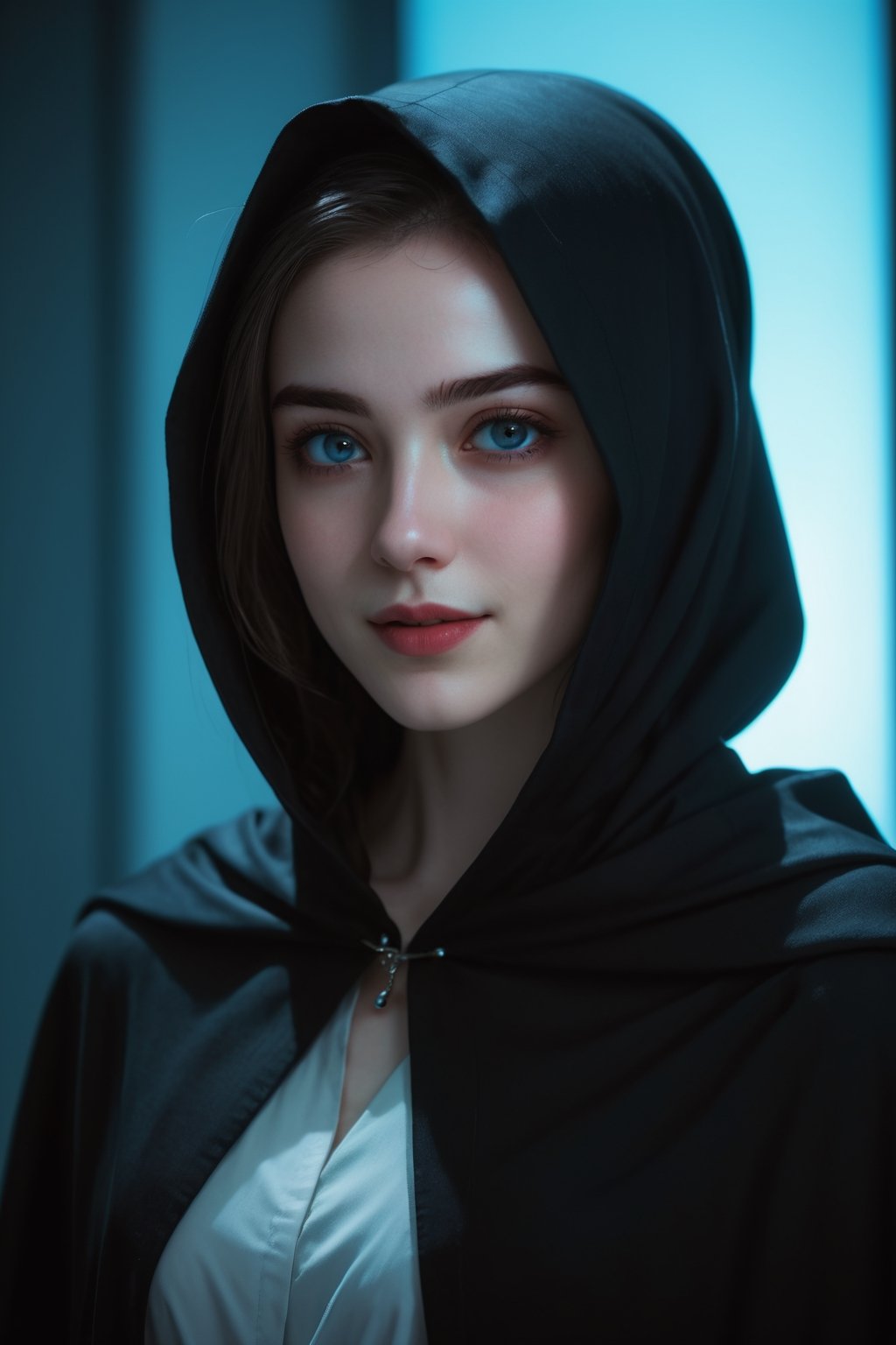 a girl standing at quiet hospital, blue lights, black cloak, 23 year old girl, (upper body:1.2), beautiful girl, cute, (pale white skin), (black eyes), thick eyebrows, evil smile, head tilted, aesthetic, focus on viewer, from side, from below, ultra high quality, ultra high resolution, detailed background, dramatic lighting, muted color, luts, low key, dark tone,HellAI