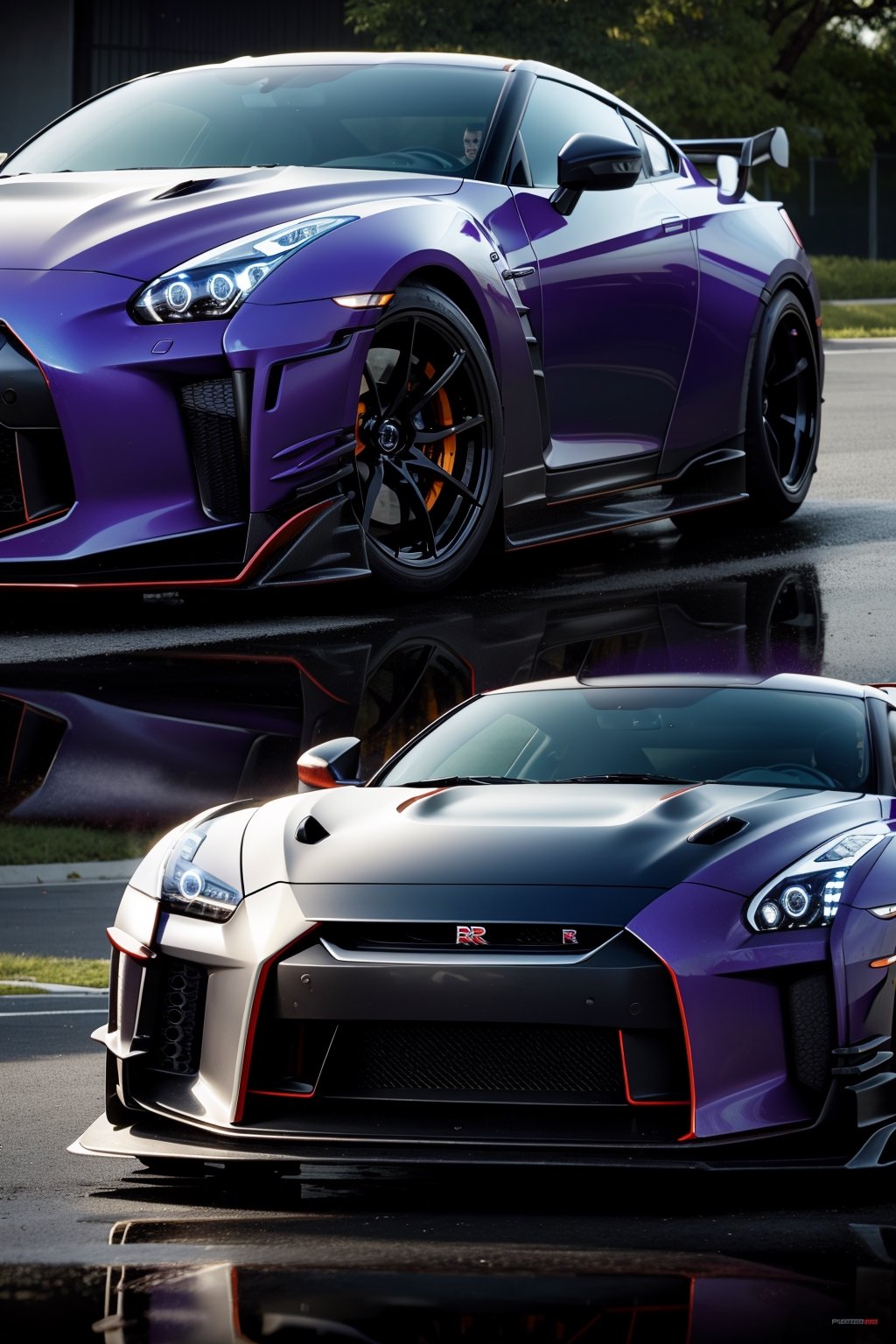Nissan GT-R R35 pandem rocket Bunny at Street front of mirror glass reflection, purple bunglon car, day, beautiful day, dynamic shadow, wet reflection, masterpiece, ultra high quality, ultra high resolution, ultra realistic, ultra reflection, detailed background, dark shot, muted color, dark tone, low key, 8k,perfect light,More Detail
