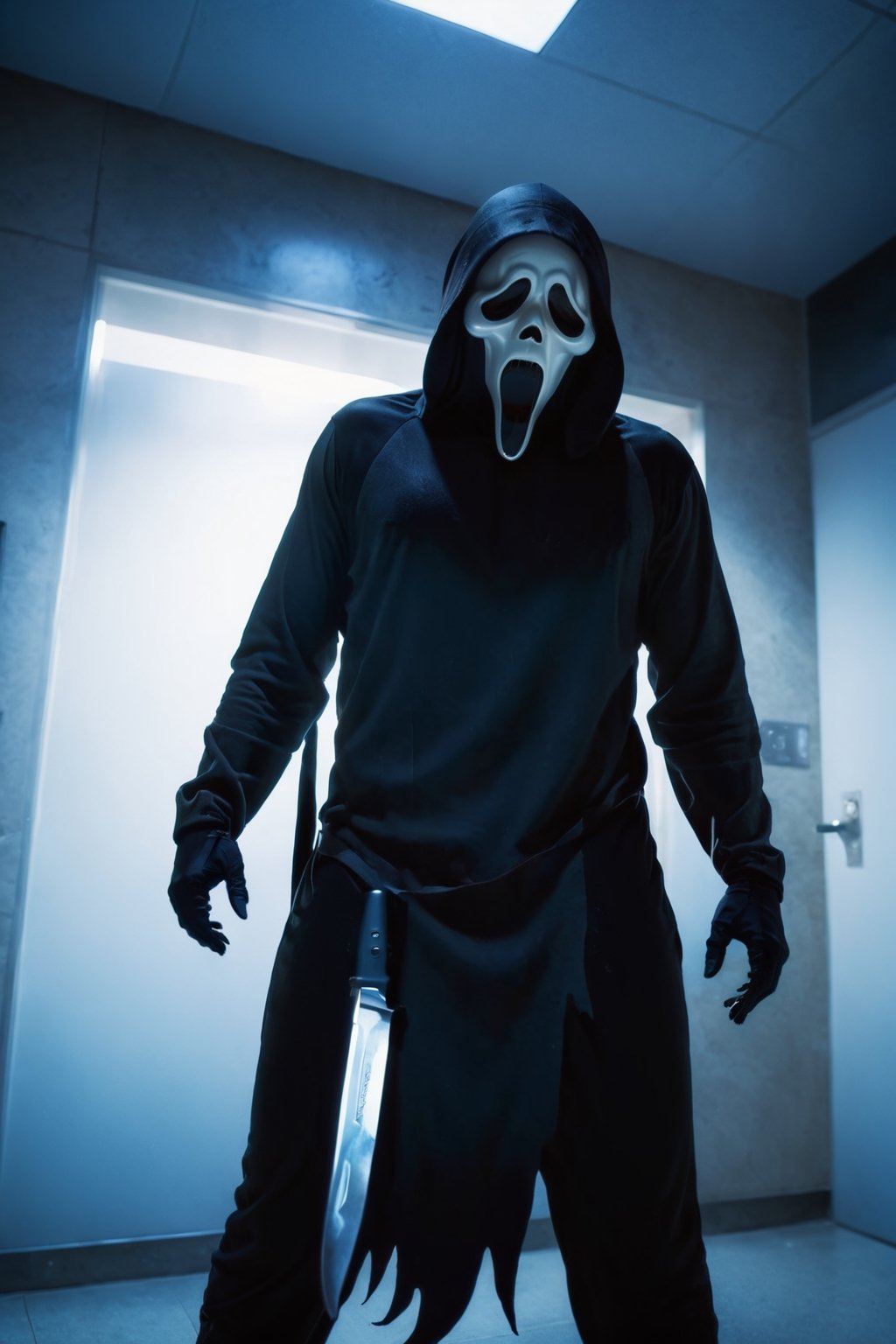 a girl standing at quiet hospital, blue lights, ghost face mask, ghost face costume, (full body:1.2), medium breast, sexy, head tilted, holding an knife, hands down, aesthetic, focus on viewer, front view, from below, ultra high quality, ultra high resolution, detailed background, dramatic lighting, muted color, luts, low key, dark tone,ghostface mask,HellAI