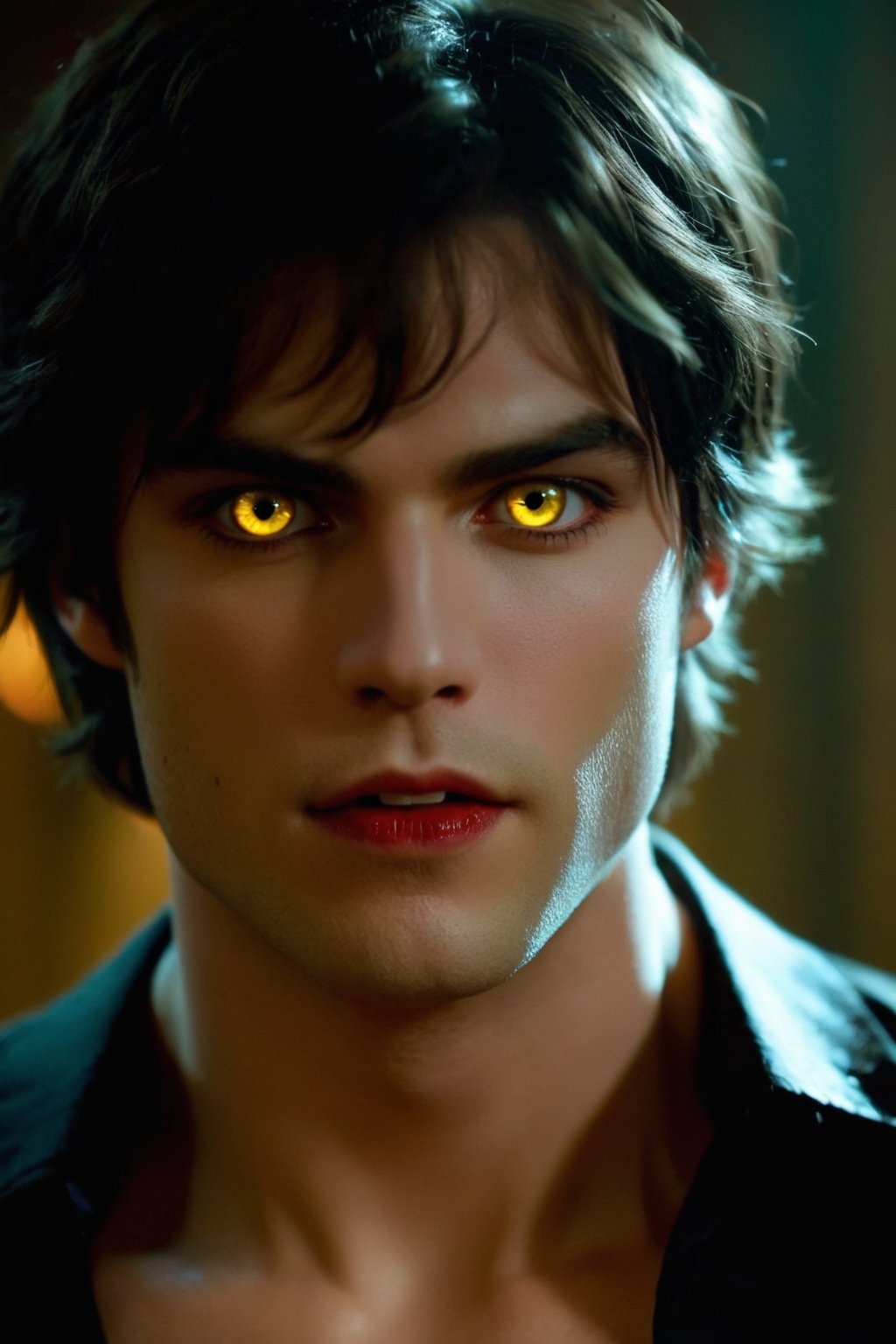 Masterpiece, high quality, ultra high res, detailed face, detailed eyes, Damon Salvatore, a Vampire male, 24 year old, (upper body:1.2), face focus, (gold yellow eyes:1.3), (very pale skin), handsome, comma hair, stylish guy, very handsome, vampire costume, (small cute fangs), (open mouth want to bite), looking at viewer, standing at dark castle indoor, focus on viewer, front view, from below