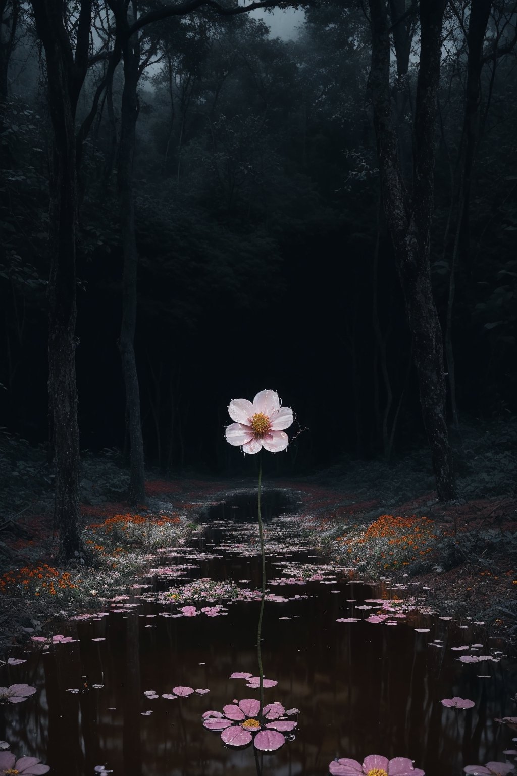 (masterpiece, best quality, very aesthetic, ultra detailed), intricate details, (no human. flower at Forest. Abandoned crunch), (rainy day. Cloudy. Wet ground. Water reflection. Gloomy. Ambient. Horror. Creepy. Dark), aesthetic