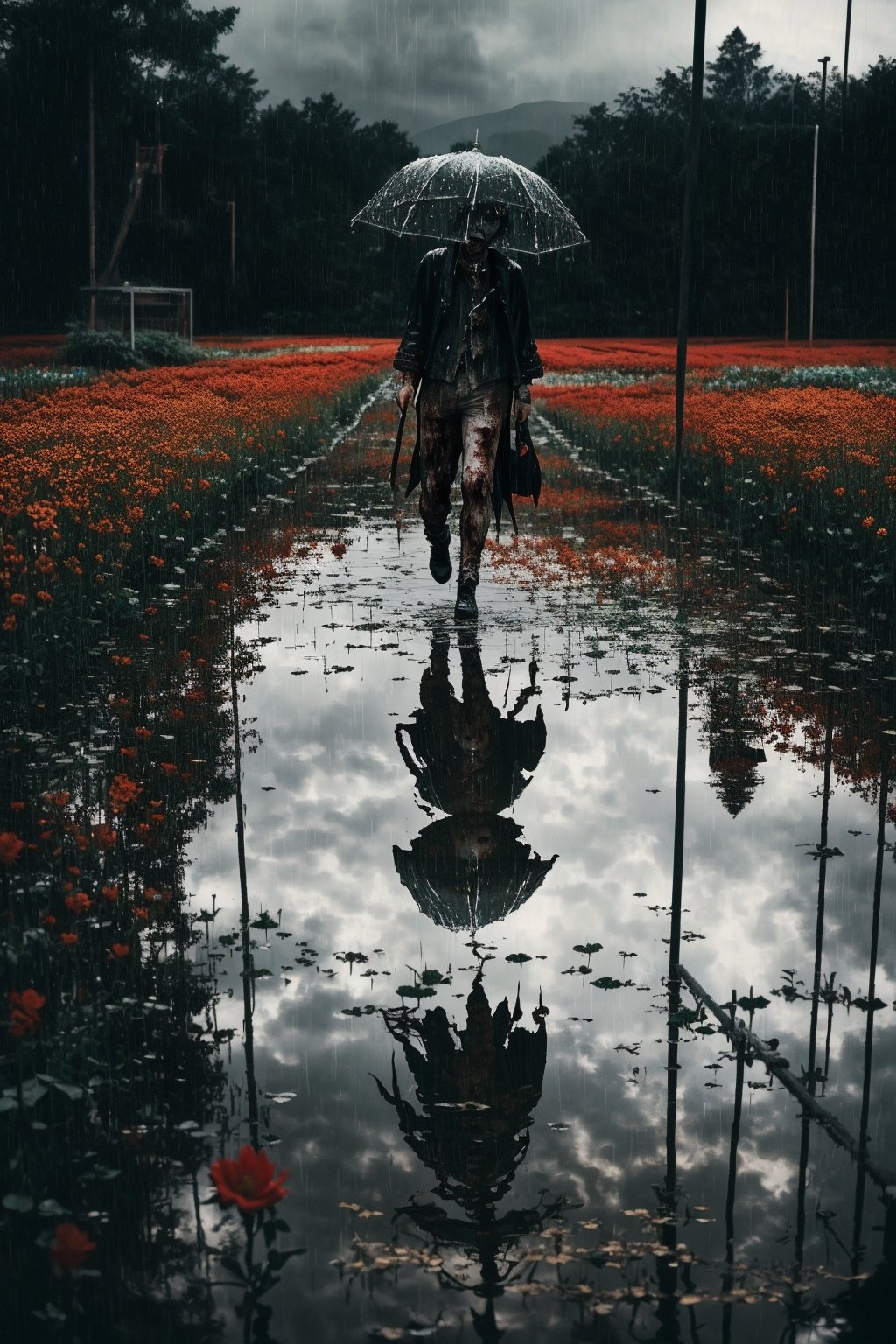 (masterpiece, best quality, very aesthetic, ultra detailed), intricate details, (many zombie walk at flower field), (rainy day. Wet ground. Water reflection. Gloomy), aesthetic