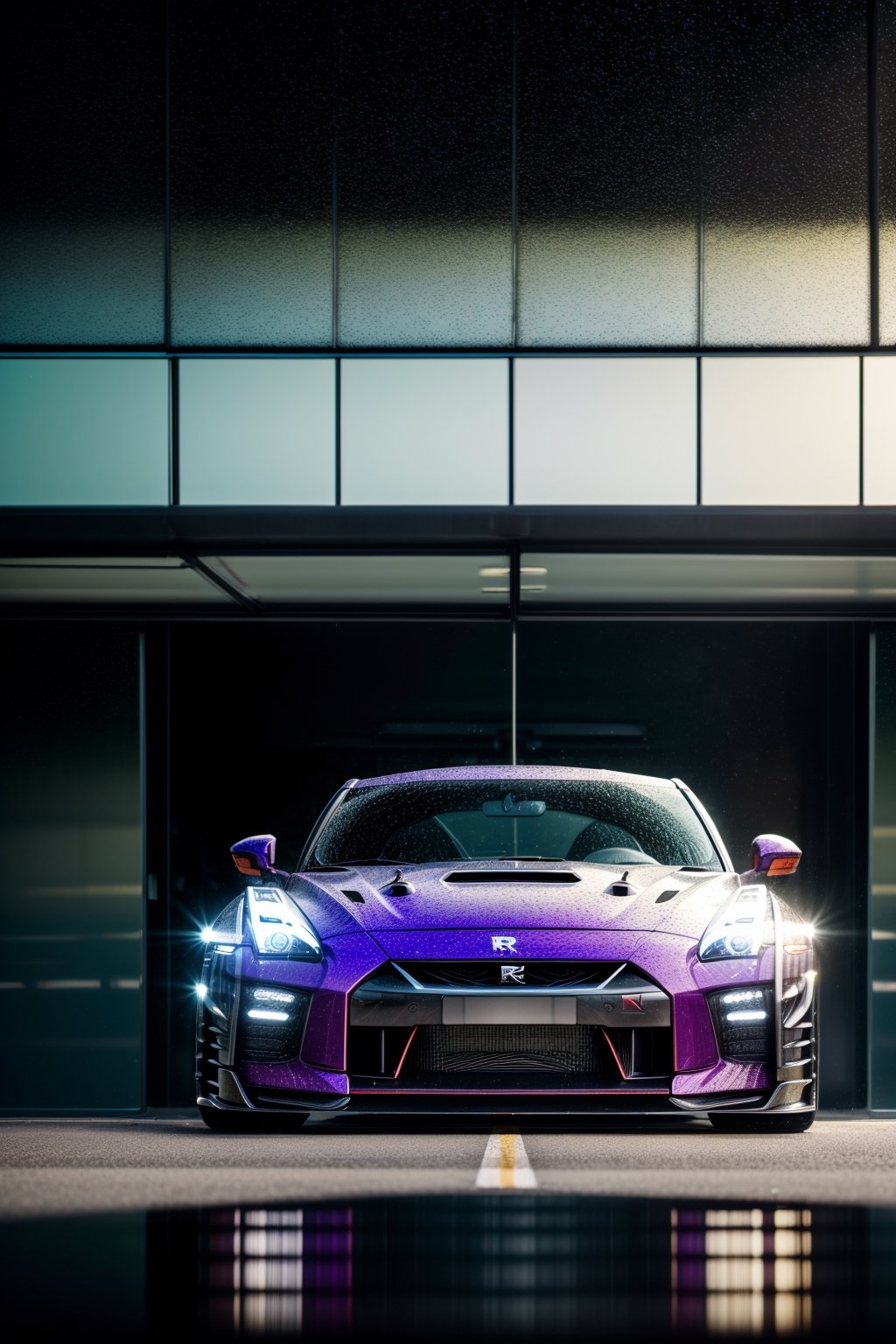 Nissan GT-R R35 pandem rocket Bunny at Street front of mirror glass reflection, purple bunglon car, day, beautiful day, dynamic shadow, wet reflection, masterpiece, ultra high quality, ultra high resolution, ultra realistic, ultra reflection, detailed background, dark shot, muted color, dark tone, low key, 8k,perfect light
