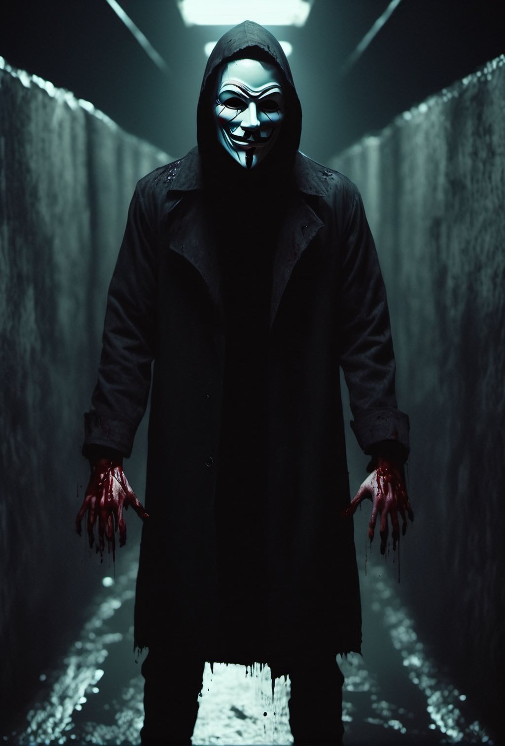 a guy standing at dark tunnel, holding a sign that says (DAYPro), creepy guy, white skin, black coat, black pants, guy Fawkes mask, Giant muscular body, bloodied mask, murder, upper body, brutal gore, bloodied guy, bloodied body, bloodied clothes, gore stills, rain, dark Day, bloods at ground and wall, lots of bloods, (extremely gore), (bloods:1.5), focus on viewer, psychopath, MilkGore, blood reflection, realistic blood, front view, photo real, ultra detailed, masterpiece, ultra realistic bloods, ultra high quality, ultra high resolution, ultra realistic, ultra reflection, ultra lighting, detailed background, dramatic lighting, low key, dark tone, 8k, HellAi,text logo DAYPro 