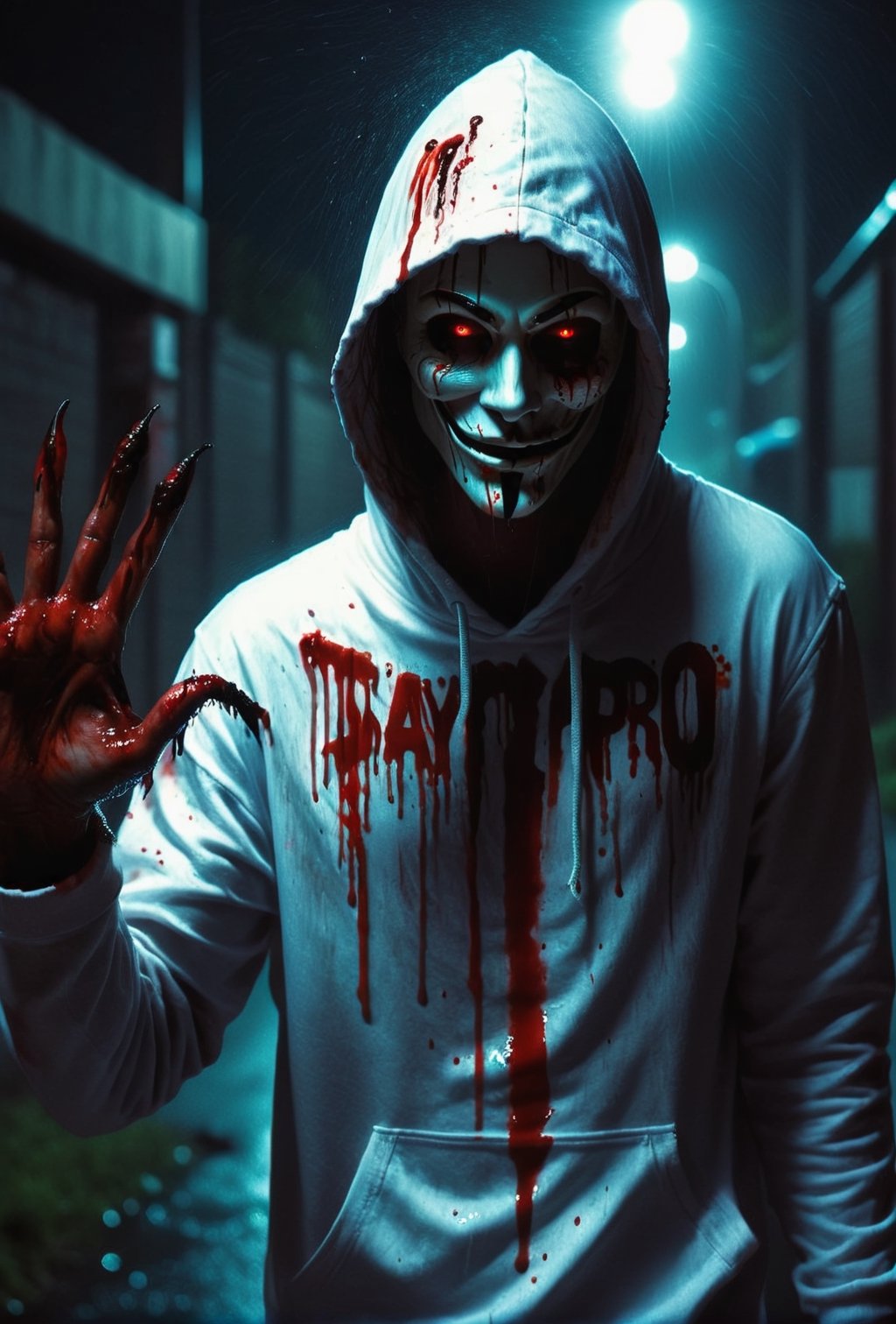 a guy standing at dark street, holding a big black sign with (("DAY PRO")) text logo, red, black, neon, glow:1.5) with her hands, creepy guy, white skin, white hoodie, guy Fawkes mask, muscular body, bloodied mask, murder, upper body, brutal gore, bloodied guy, bloodied body, bloodied clothes, gore stills, rain, dark night, bloods at sign, lots of bloods, (extremely gore), (bloods:1.5), focus on viewer, psychopath, MilkGore, blood reflection, realistic blood, front view, photo real, ultra detailed, masterpiece, ultra realistic bloods, ultra high quality, ultra high resolution, ultra realistic, ultra reflection, ultra lighting, detailed background, dramatic lighting, low key, dark tone, 8k, HellAi,text logo