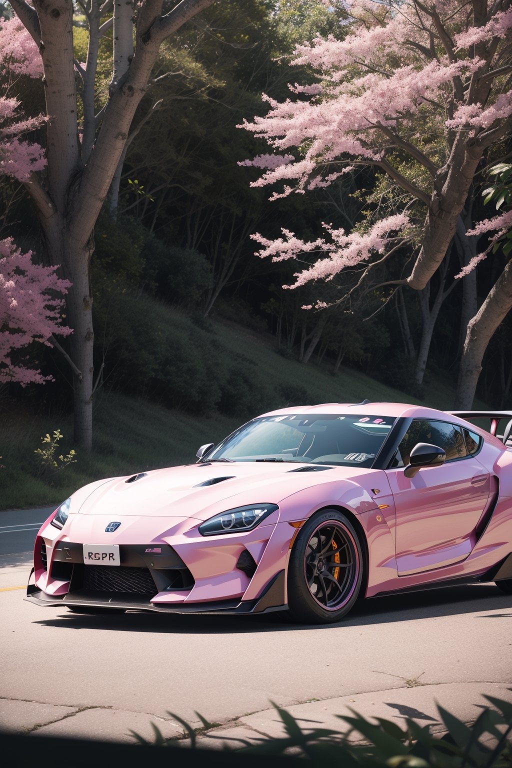 Supra GT-R pandem rocket Bunny, nature landscape, pink metalic car color, day, beautiful day, dynamic shadow, masterpiece, ultra high quality, ultra high resolution, ultra realistic, ultra reflection, detailed background, 8k,perfect light,More Detail