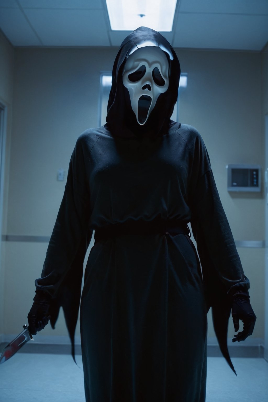 a girl standing at quiet hospital, blue lights, ghost face mask, ghost face costume, (full body), (from far), medium breast, head tilted, (holding an knife with one hands), aesthetic, focus on viewer, front view, from below, ultra high quality, ultra high resolution, detailed background, dramatic lighting, muted color, luts, low key, dark tone,ghostface mask,HellAI