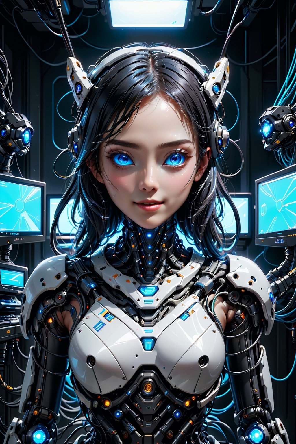 (((Masterpiece))), (((Hyperrealistic))), (((Extremely Detailed))), (((Extremely High Quality))), A sexy mecha girl, robotic arm, robotic body, neck are wires, bright blue glowing eyes, mecha room, (wires connected to the body part), lot's of wires, monitor, blue light, cute, beautiful, innocent, looking to viewer with smiling, (front view1:2), potrait, (upper body:1.2), dramatic lighting, ultra high quality, ultra high res, ultra realistic, ultra reflection, ultra detailed, ultra detailed lighting, ultra detailed background, ultra detailed around, 4K, 8K, 16K, monster, HellAI