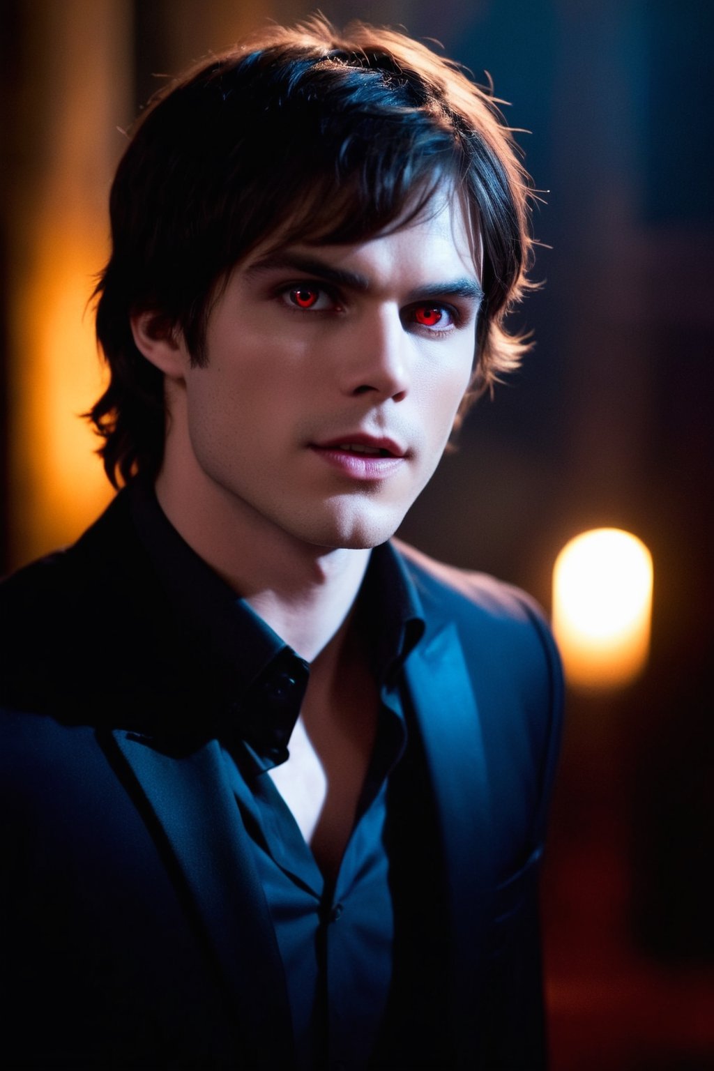 Masterpiece, high quality, ultra high res, detailed face, detailed eyes, Damon Salvatore, a Vampire male, 24 year old, (upper body:1.2), face focus, (red eyes:1.3), (very pale skin), handsome, comma hair, stylish guy, very handsome, vampire costume, (small cute fangs), (open mouth want to bite), looking at viewer, standing at dark castle indoor, focus on viewer, front view, from below