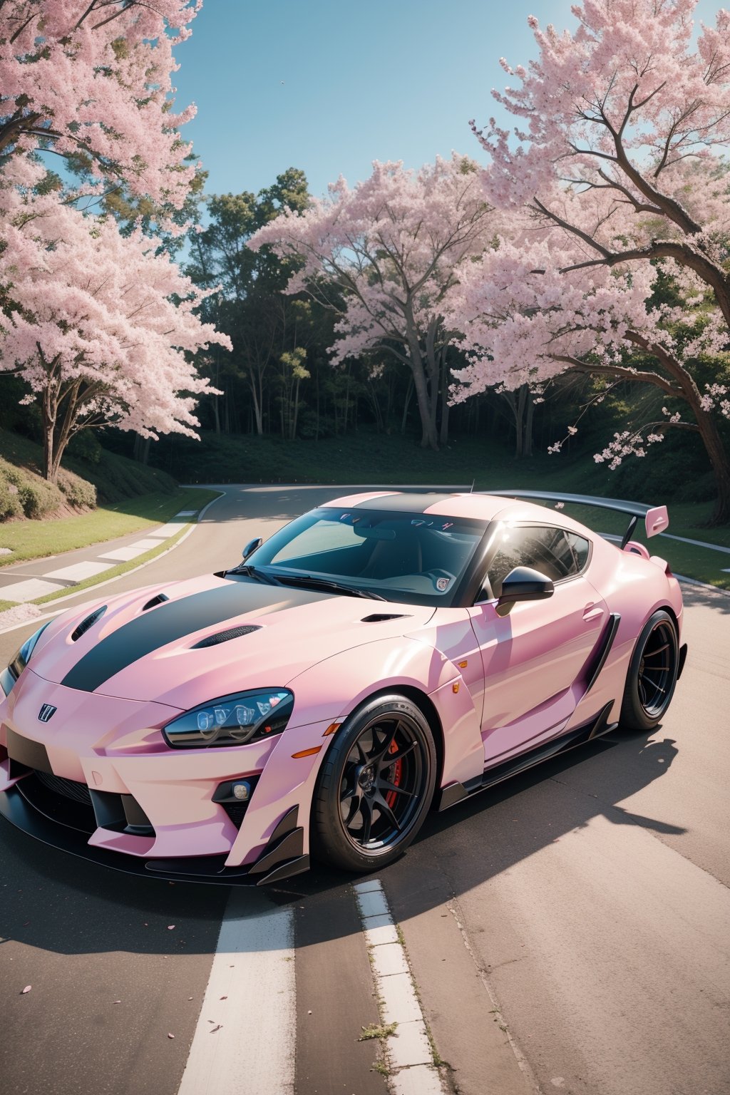 Supra GT-R pandem rocket Bunny, nature landscape, sakura, pink metalic car color, day, beautiful day, dynamic shadow, depth of field, fish eye, lens, masterpiece, ultra high quality, ultra high resolution, ultra realistic, ultra reflection, detailed background, 8k,perfect light,More Detail