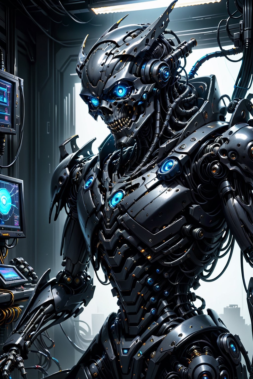 (((Masterpiece))), (((Hyperrealistic))), (((Extremely Detailed))), (((Extremely High Quality))), A black mecha grim reaper, robotic arm, robotic body, neck are wires, bright blue glowing eyes, mecha room, (wires connected to the body part), lot's of wires, looking to viewer with angry, front view, front focus, (upper body:1.2), dramatic lighting, ultra high quality, ultra high res, ultra realistic, ultra reflection, ultra detailed, ultra detailed lighting, ultra detailed background, ultra detailed around, 4K, 8K, 16K, monster, HellAI