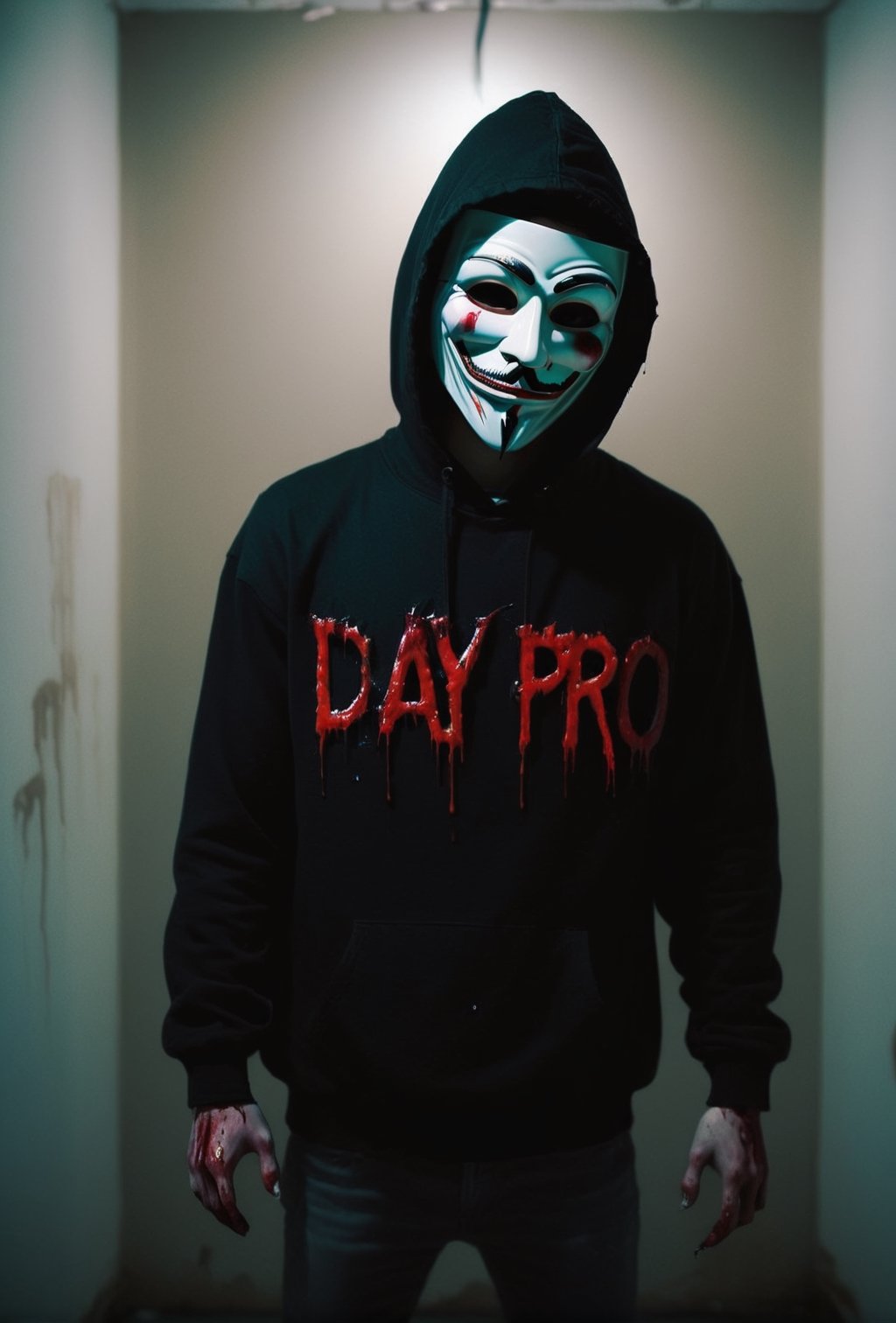 a guy standing at bedroom wearing white hoodie, ((holding a black sign (("DAY PRO" text logo, red, black) with his hand, head tilted, ((guy Fawkes mask)), bloodied mask, murder, full body, brutal gore, bloodied guy, bloodied body, bloodied clothes, gore stills, dark night, bloods at floor and wall, lots of bloods, (extremely gore), (bloods:1.5), focus on viewer, psychopath, MilkGore, blood reflection, realistic blood, front view, photo real, ultra detailed, masterpiece, ultra realistic bloods, ultra high quality, ultra high resolution, ultra realistic, ultra reflection, ultra lighting, detailed background, dramatic lighting, 8k, HellAi,text logo