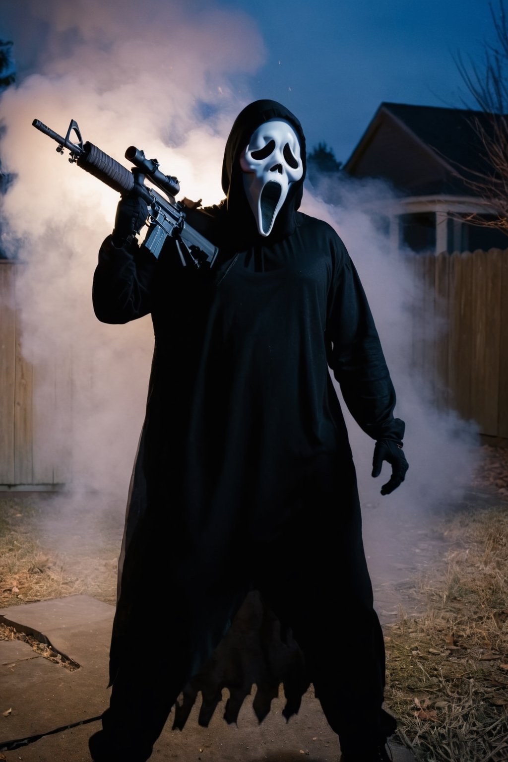 a guy standing at backyard Christmas night, ghost face mask, ghost face costume, (full body:1.2), big body, head tilted, holding an M16 Rifle series, smoke, focus on viewer, front view, from above, dramatic photoshoot, DSLR, masterpiece, ultra high quality, ultra high resolution, detailed background, aesthetic lighting, low key, dark tone,ghostface mask,HellAI,M16 Rifle series