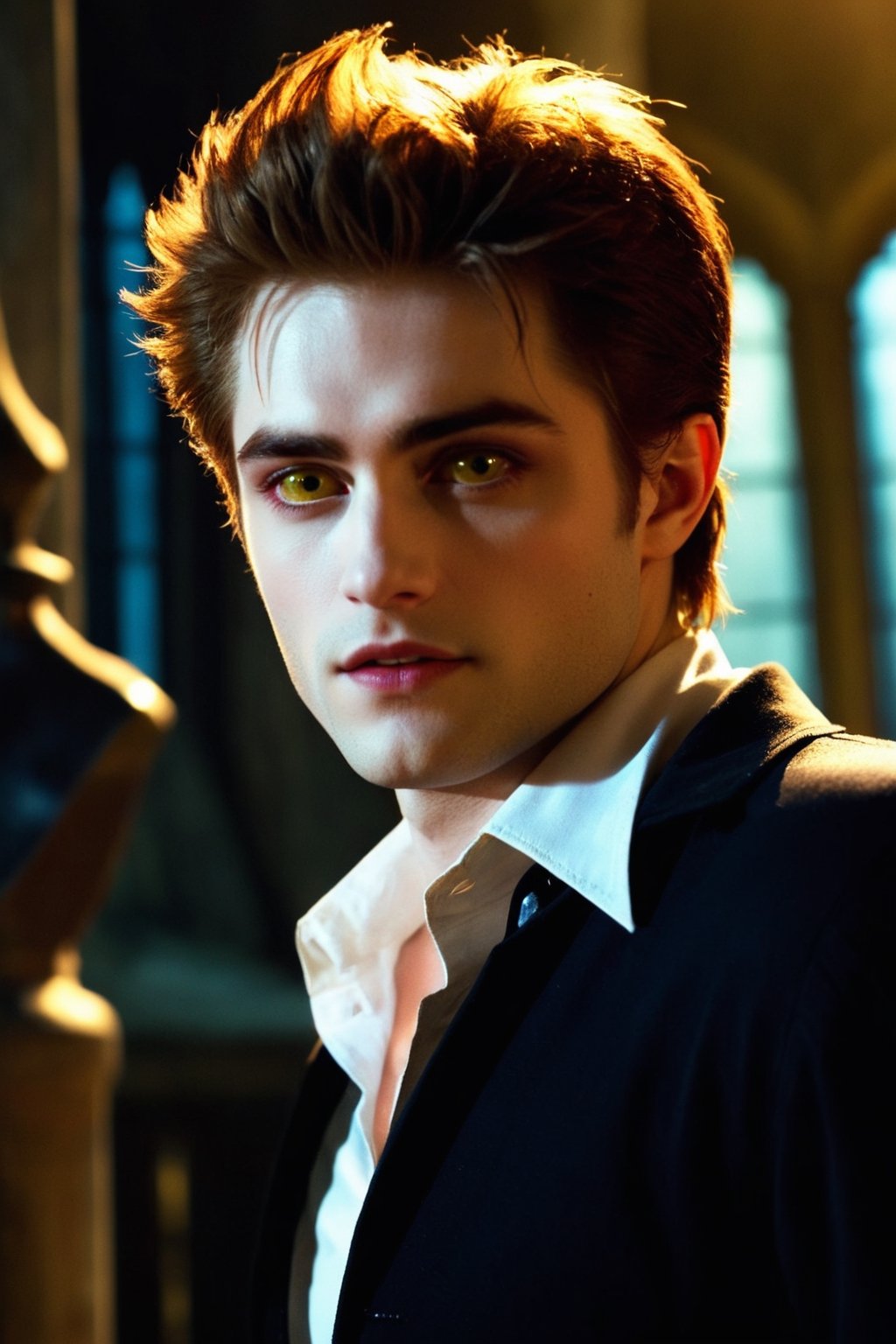 Masterpiece, high quality, ultra high res, detailed face, detailed eyes, Edward Cullen, a Vampire male, 24 year old, (upper body:1.2), face focus, (gold yellow eyes:1.3), pale skin, handsome, comma hair, stylish guy, very handsome, vampire costume, small cute fangs, smile looking at viewer, standing at dark castle indoor, focus on viewer, front view, from below
