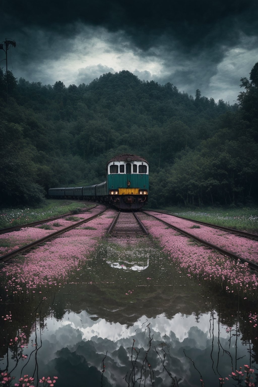 (masterpiece, best quality, very aesthetic, ultra detailed), intricate details, (no human. flower field at train track. Forest. Abandoned place), (rainy day. Cloudy. Wet ground. Water reflection. Gloomy. Ambient. Horror. Creepy), aesthetic