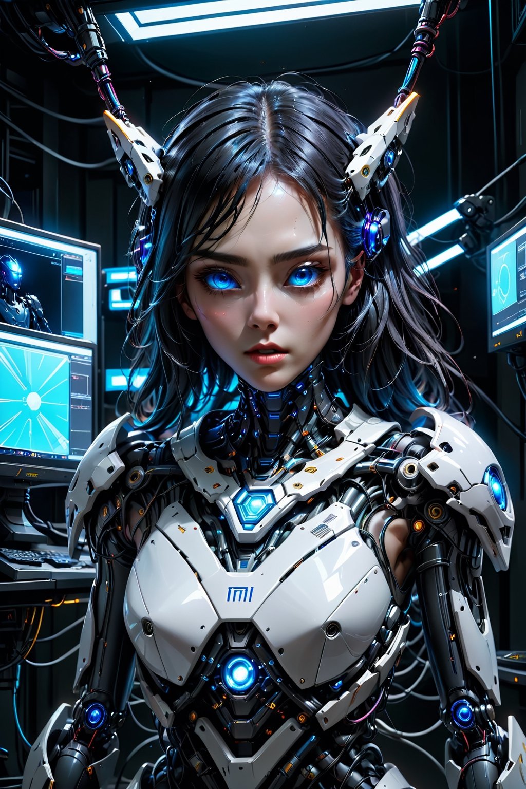(((Masterpiece))), (((Hyperrealistic))), (((Extremely Detailed))), (((Extremely High Quality))), A sexy mecha girl, robotic arm, robotic body, neck are wires, bright blue glowing eyes, mecha room, (wires connected to the body part), lot's of wires, monitor, blue light, looking to viewer with angry, (front view1:2), potrait, (upper body:1.2), dramatic lighting, ultra high quality, ultra high res, ultra realistic, ultra reflection, ultra detailed, ultra detailed lighting, ultra detailed background, ultra detailed around, 4K, 8K, 16K, monster, HellAI