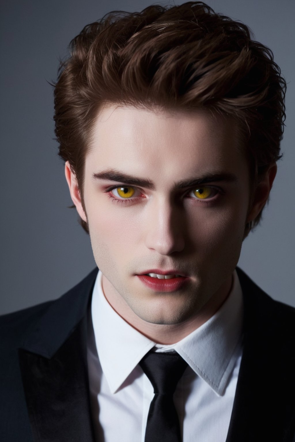 Masterpiece, high quality, ultra high res, detailed face, detailed eyes, Edward Cullen, a Vampire male, 24 year old, (upper body:1.2), face focus, (gold yellow eyes:1.3), (very pale skin), handsome, comma hair, stylish guy, very handsome, vampire costume, small cute fangs, open mouth looking at viewer, standing at dark castle indoor, focus on viewer, front view, from below