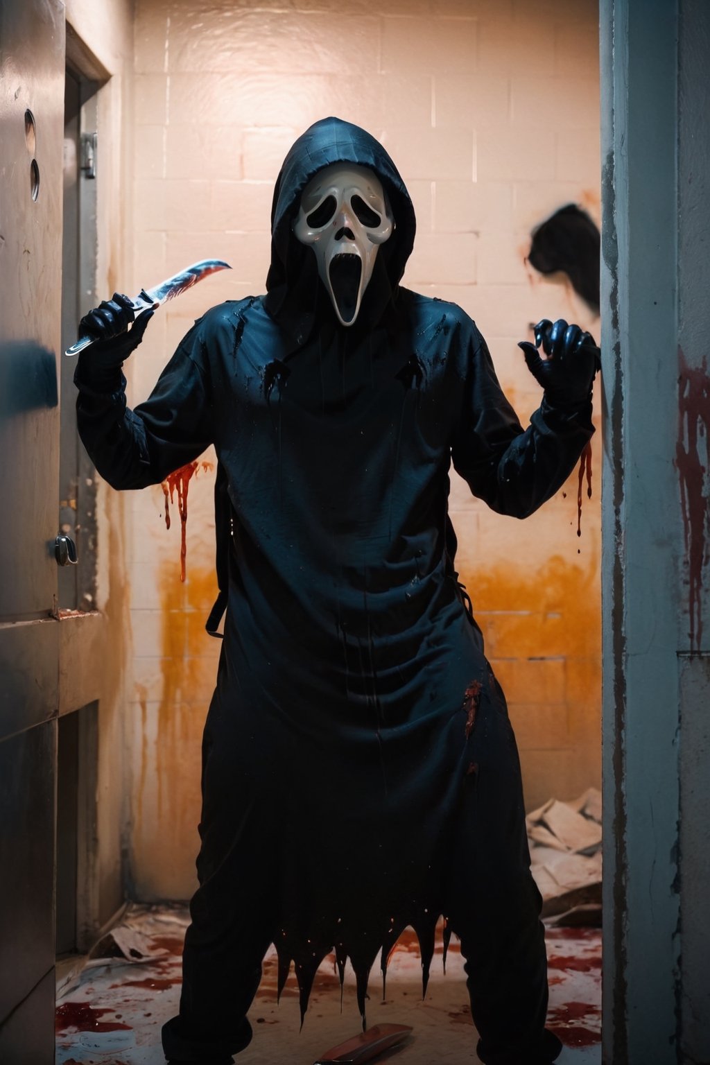 a girl standing at quiet spooky hospital, blue color lights, ghost face mask, ghost face costume, (full body:1.2), medium breast, sexy, head tilted, bloodied clothes, bloods at floor and wall, lots of bloods, holding an knife, hands down, aesthetic, focus on viewer, front view, from below, ultra high quality, ultra high resolution, detailed background, dramatic lighting, muted color, luts, low key, dark tone,ghostface mask,HellAI,fire