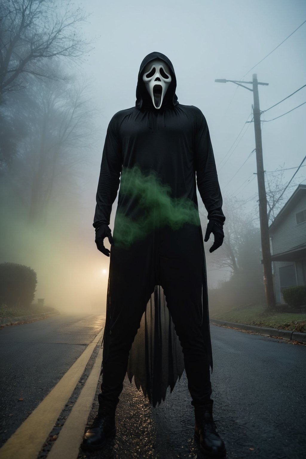 a guy standing at road, green foggy, ghost face mask, ghost face costume, (full body:1.2), big body, head tilted, ambient, fog background, aesthetic, focus on viewer, front view, from below, ultra high quality, ultra high resolution, detailed background, dramatic lighting, low key, dark tone,ghostface mask