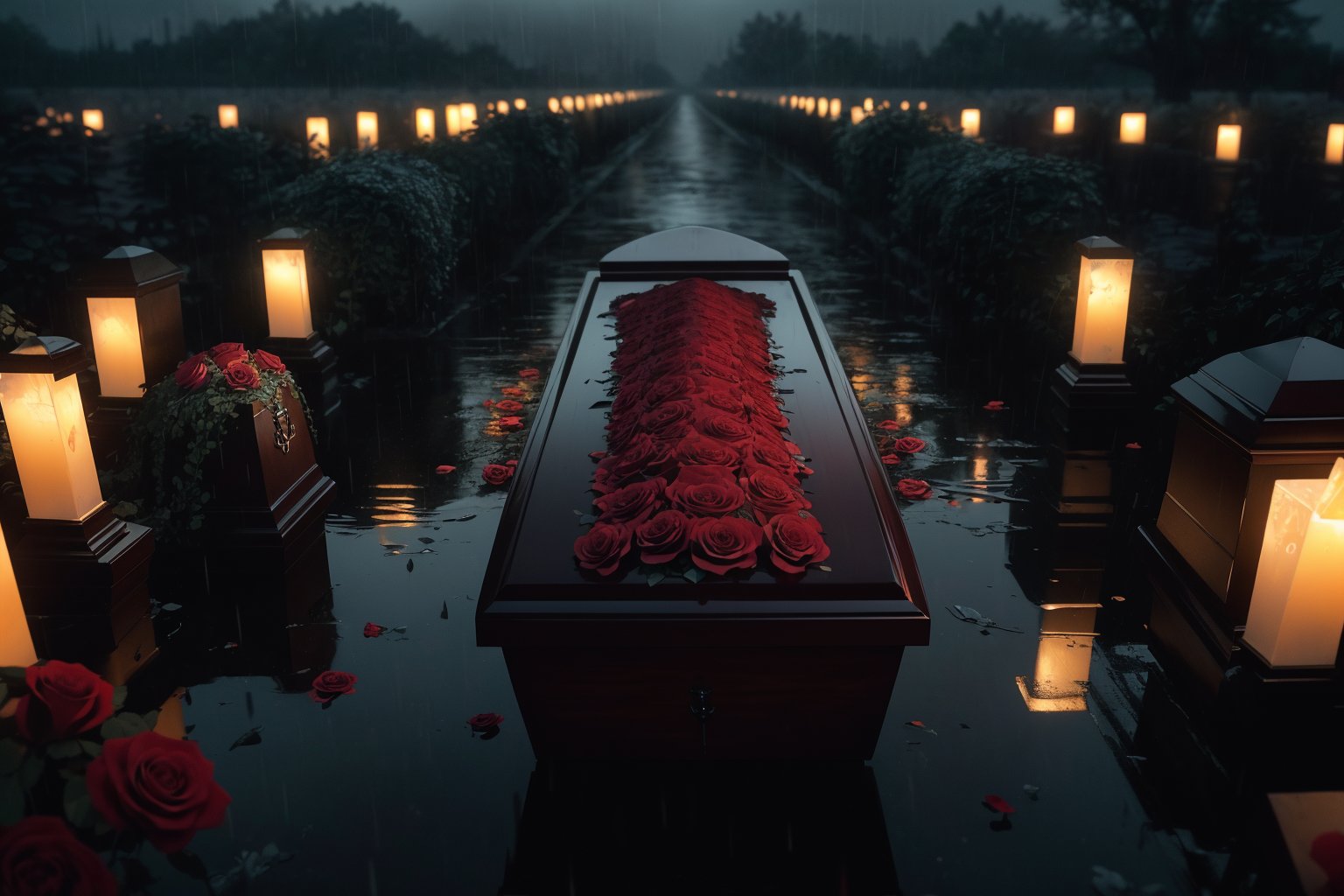 (masterpiece, best quality, very aesthetic, ultra detailed), intricate details,  (no human. coffin. (at grave outdoor). death. red roses on the coffin), (dark. gloomy. creepy. rain), (from up. up view), (ultra realistic. realistic lighting. realistic water reflection), 8k, aesthetic