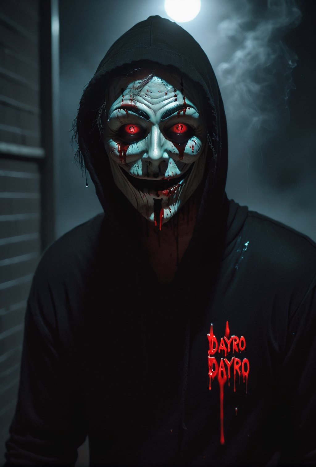 a guy standing at dark street, holding a black sign with (("DAYPRO" text logo, red, black, bloods, glow:1.5) with her hands, creepy guy, head tilted, white skin, (white hoodie), (guy Fawkes mask. glowing red eyes), muscular body, bloodied mask, street light, smoke, murder, upper body, brutal gore, bloodied guy, bloodied body, bloodied clothes, gore stills, rain, dark night, bloods at sign, lots of bloods, (extremely gore), (bloods:1.5), focus on viewer, psychopath, MilkGore, blood reflection, realistic blood, front view, photo real, ultra detailed, masterpiece, ultra realistic bloods, ultra high quality, ultra high resolution, ultra realistic, ultra reflection, ultra lighting, detailed background, dramatic lighting, low key, dark tone, 8k, HellAi,text logo