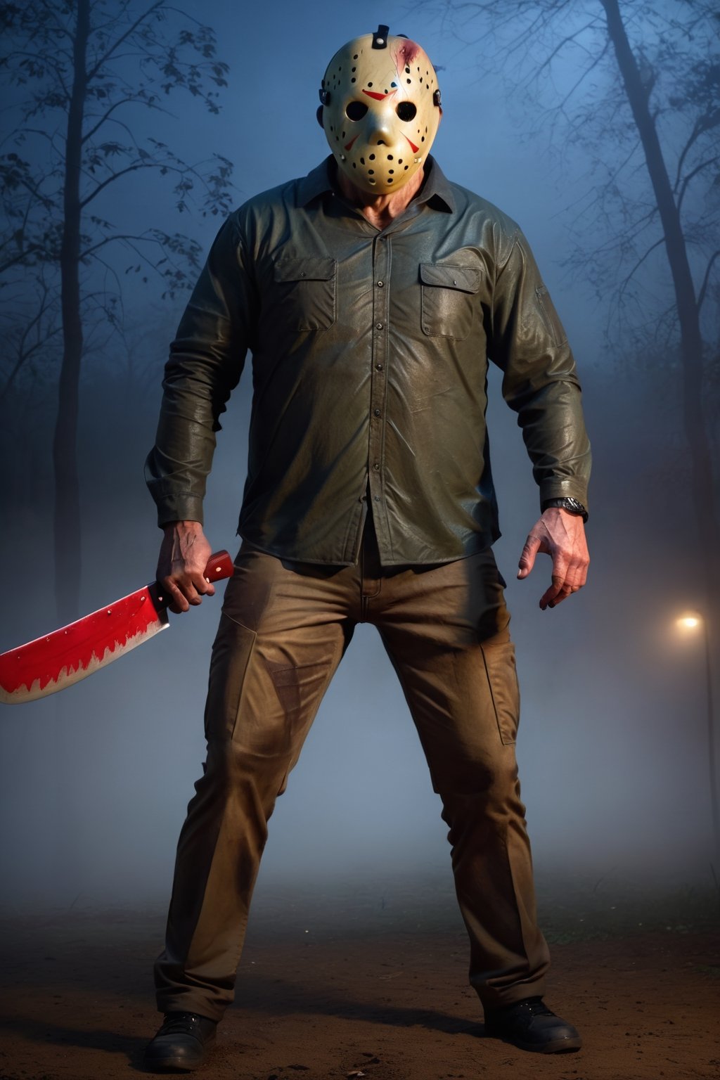 a guy standing at playground, night, fog, Jason Voorhees mask, cargo pants, cargo tshirt, (full body:1.2), big body, holding an machete,masterpiece, ultra high quality, ultra high resolution, detailed background, dramatic lighting, low key, dark tone,jasonvoorhees