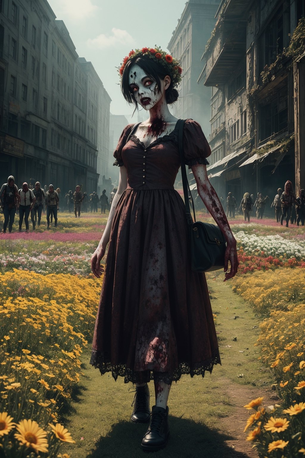 (masterpiece, best quality, very aesthetic, ultra detailed), intricate details, (many zombie walk at flower field), (sunny), aesthetic,perfect light