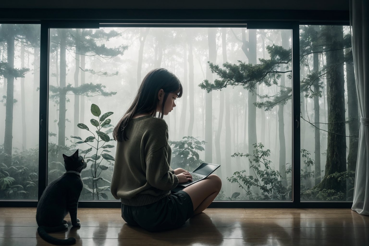a girl sitting looking at window, indoor, sad girl, forest  landscape background at window, fog, water drop at window, rainy, plant, flower, laptop, cat, sweater, short pants, full body, back view, from below, ultra high quality, ultra high resolution, detailed background, low key, dark tone, 8k