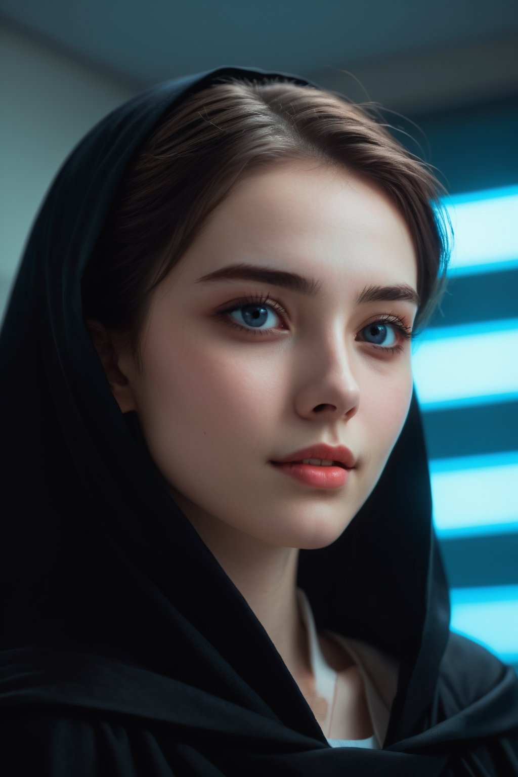 a girl standing at quiet hospital, blue lights, black cloak, 23 year old girl, (upper body:1.2), face focus, beautiful girl, cute, pale skin, black eyes, thick eyebrows, light smile, head tilted, aesthetic, focus on viewer, from side, from below, ultra high quality, ultra high resolution, detailed background, dramatic lighting, muted color, luts, low key, dark tone,HellAI