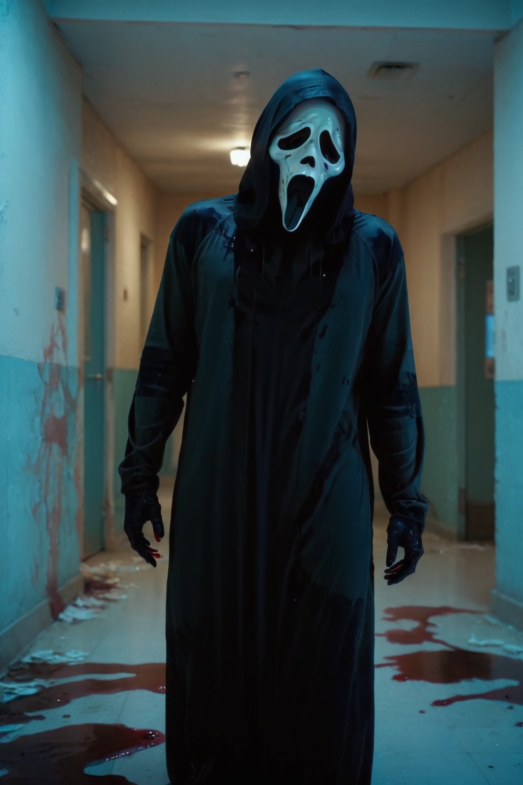 a girl standing at quiet spooky hospital, blue color lights, ghost face mask, ghost face costume, (full body:1.2), medium breast, sexy, head tilted, bloodied clothes, bloods at floor and wall, lots of bloods, aesthetic, focus on viewer, front view, from below, ultra high quality, ultra high resolution, detailed background, dramatic lighting, muted color, luts, low key, dark tone,ghostface mask,HellAI