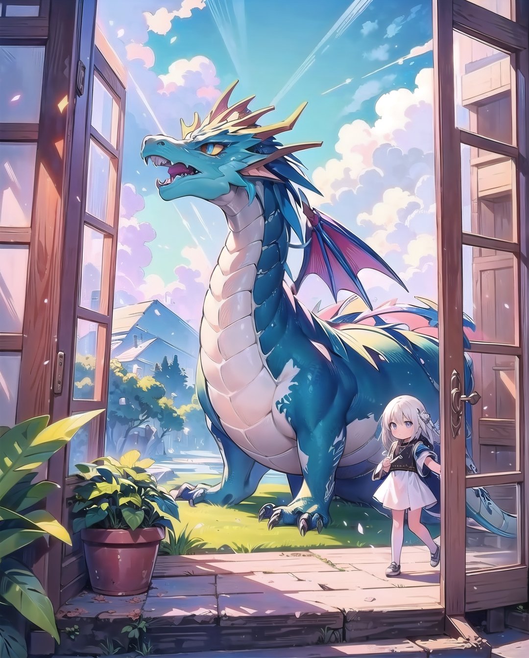 (masterpiece), 1girls, indoor, nature, window, sky, cloudy, colors, soft, cute, style, scenery, watercolor, vibrant, colorful, nature, fantasy, dragon
