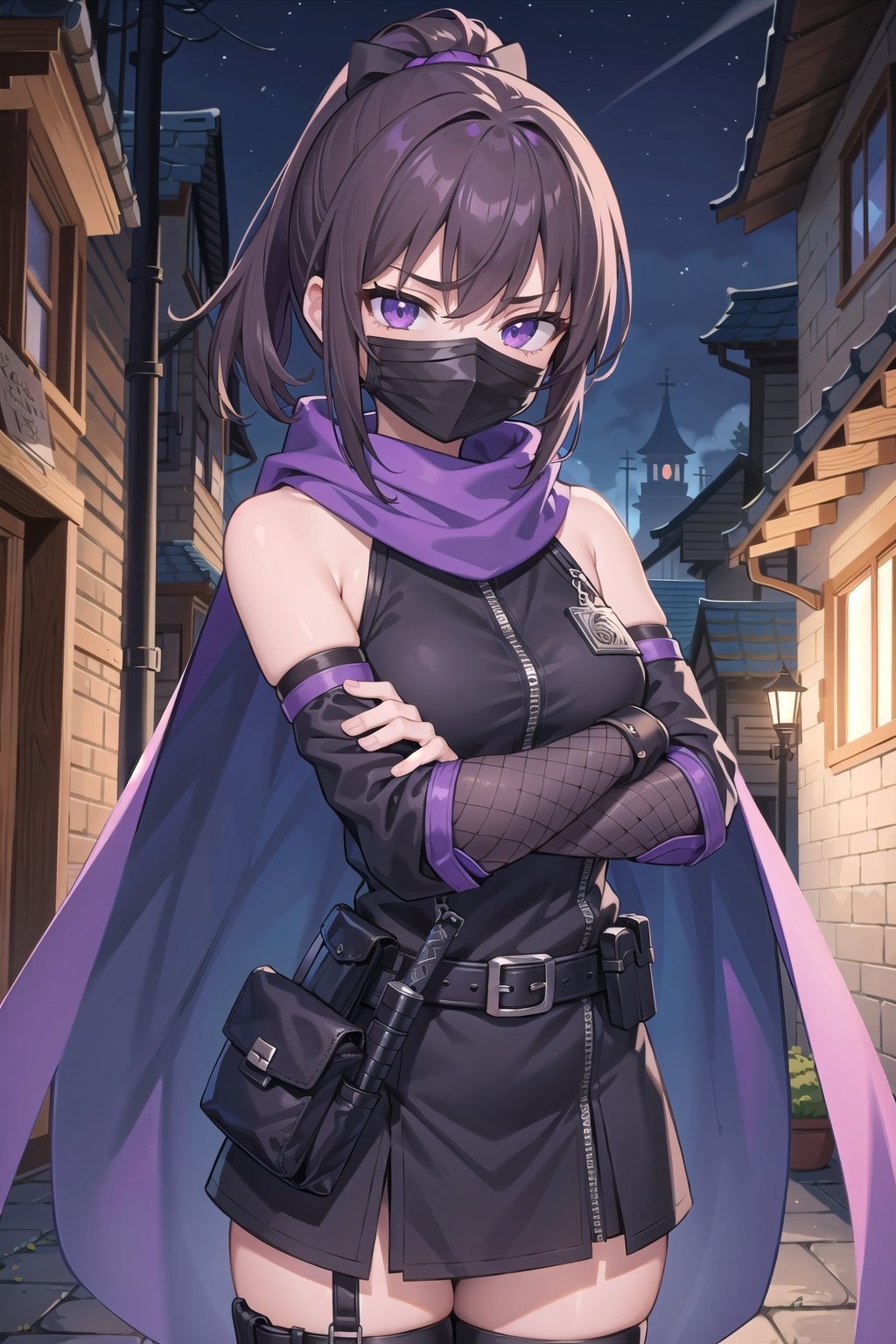 (masterpiece), fantasy, 1girl, solo, assassin, brown hair, bangs, short ponytail, purple eyes, black clothes, (ninja mask:1.3), scarf, cape, bare shoulders, gloves, detached sleeves, arm guards, dress, hip vent, fishnets, (side-tie, zipper, belt pouch), knife, smoke, looking at viewer, (town, alley, night), crossed arms 